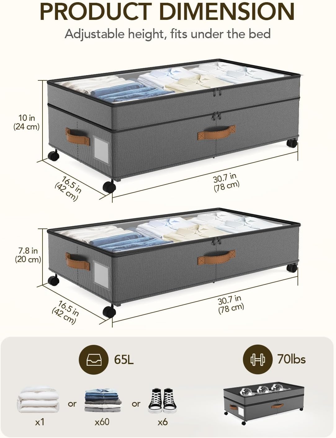 4 Pack Under Bed Storage with Wheels, Adjustable Height Storage Containers, 10 inches Large Capacity Rolling Underbed with Lids, Storage Drawers Shoes, Clothes, Blankets, Grey