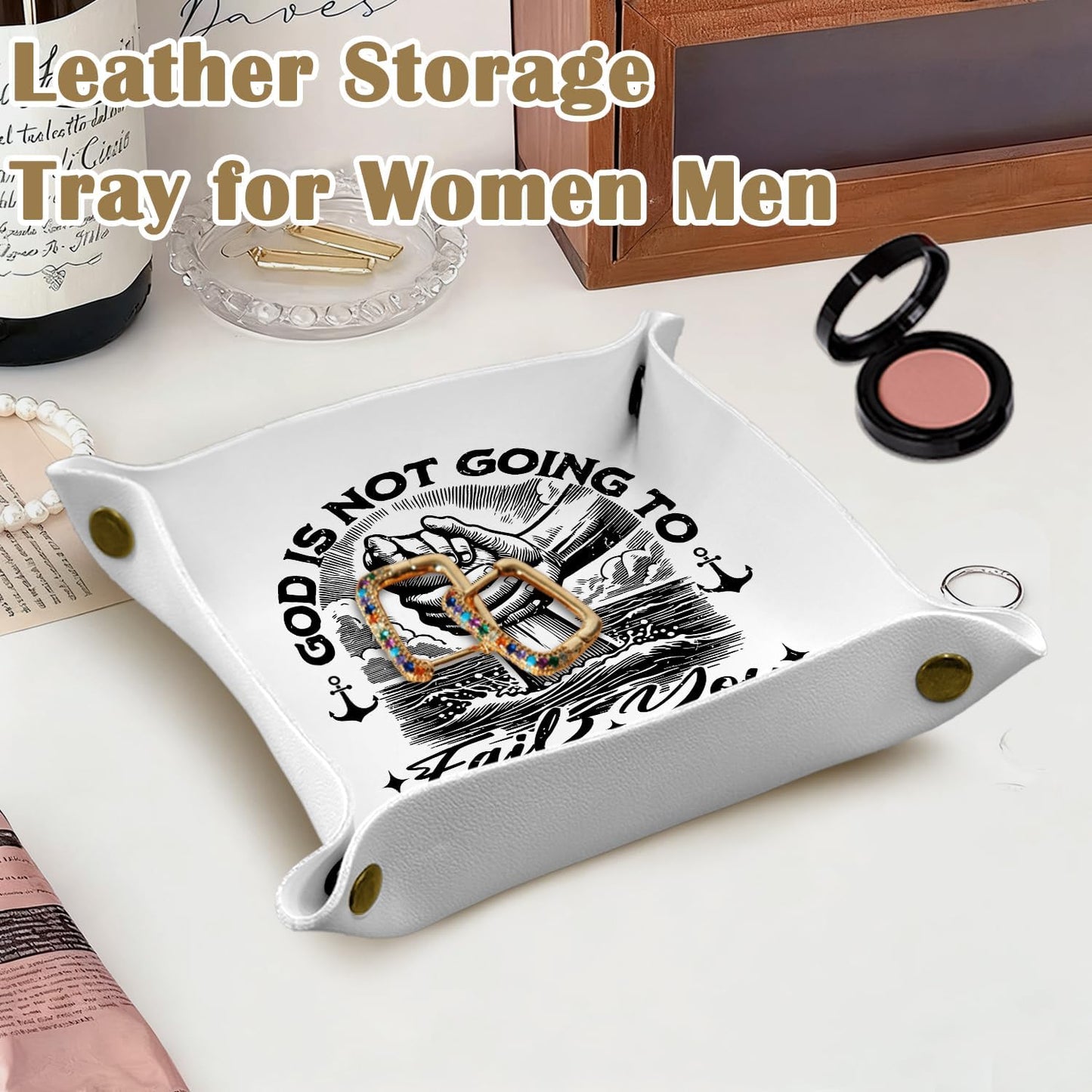 Christian Gifts Leather Jewelry Valet Tray, Religious Bible Verse Gifts PU Leather Catchall Beside Caddy Nightstand Organizer Tray for Jewelry Rings Watches Keys and Accessories, 7.8x7.8inch
