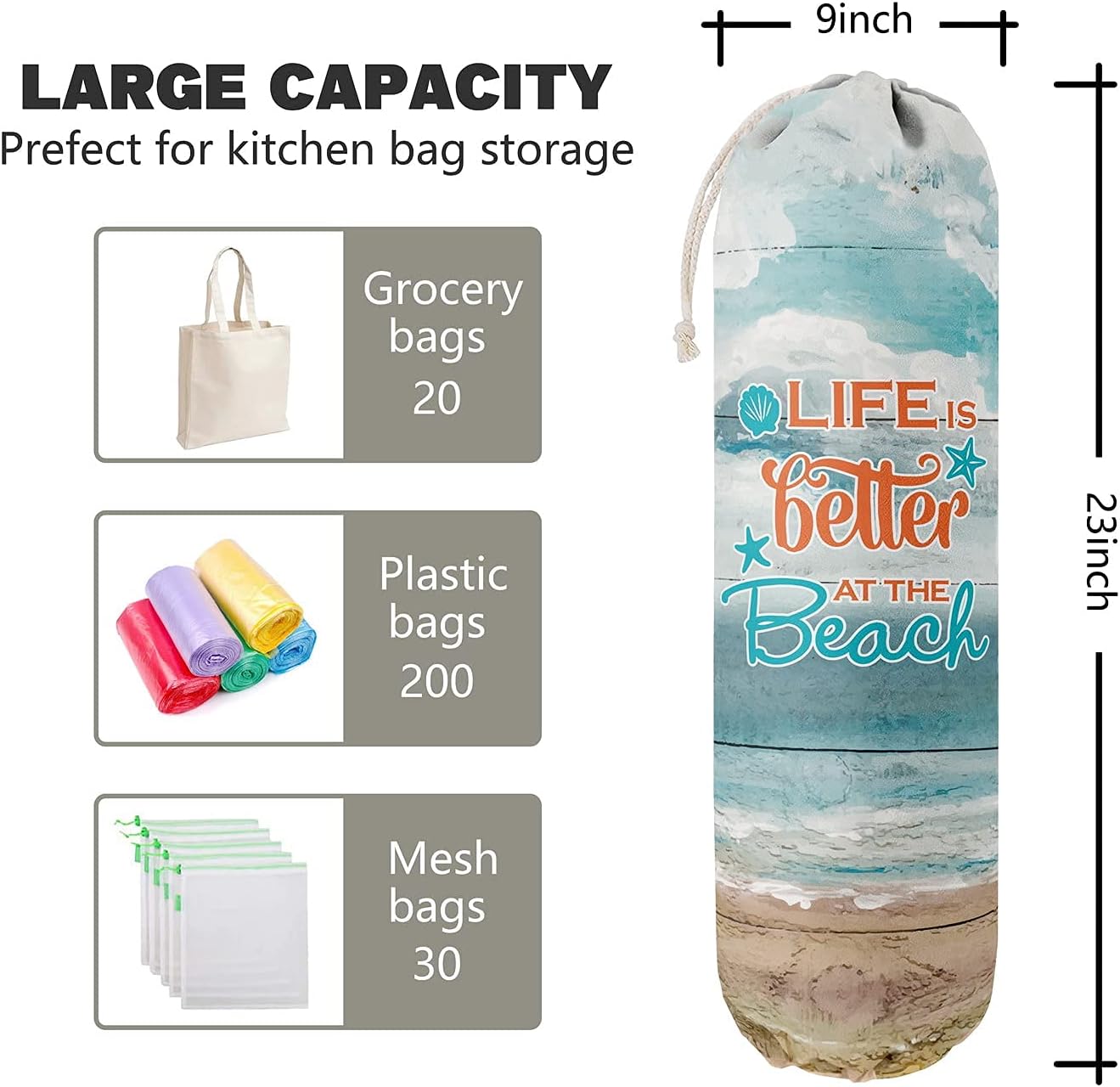 Life is Better at The Beach, Grocery Bags Holder Organizer for Shopping Bags，Wall Mount Plastic Bags Storage Container Dispensers, Gift for Women Mother Grandmother Friend