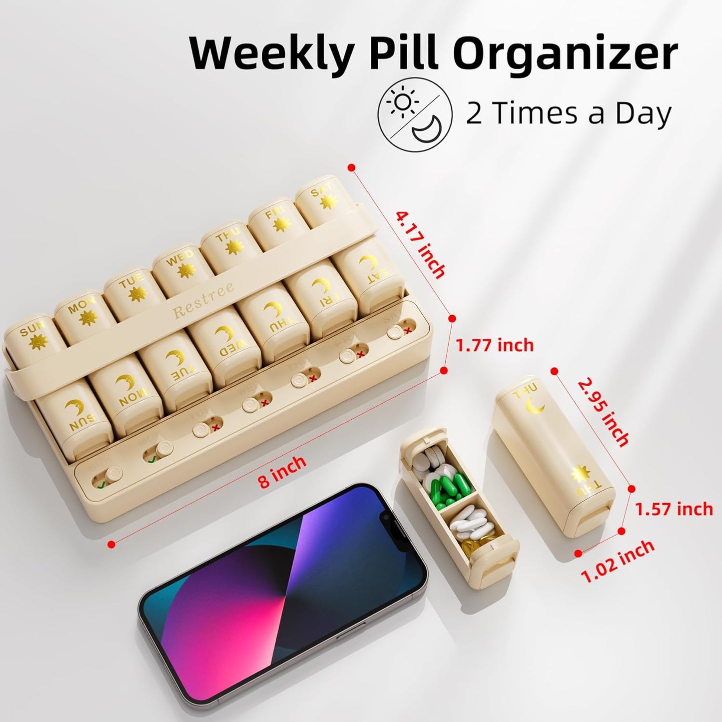 Restree Weekly Pill Organizer Two Time a Day, 7 Day Travel Pill Box, Daily Medicine Organizer, AM&PM Portable Pill Case for Vitamins Fish Oil/Supplements Medication Reminder Design (Beige)