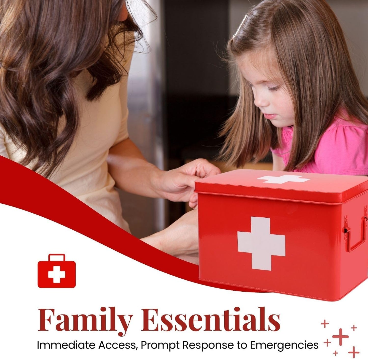 Flexzion First Aid Box Organizer Empty 13" Red Vintage First Aid Kit Tin Metal Medical Box - First Aid Storage Box Container Bins with Dividers, Removable Tray and White Cross Logo