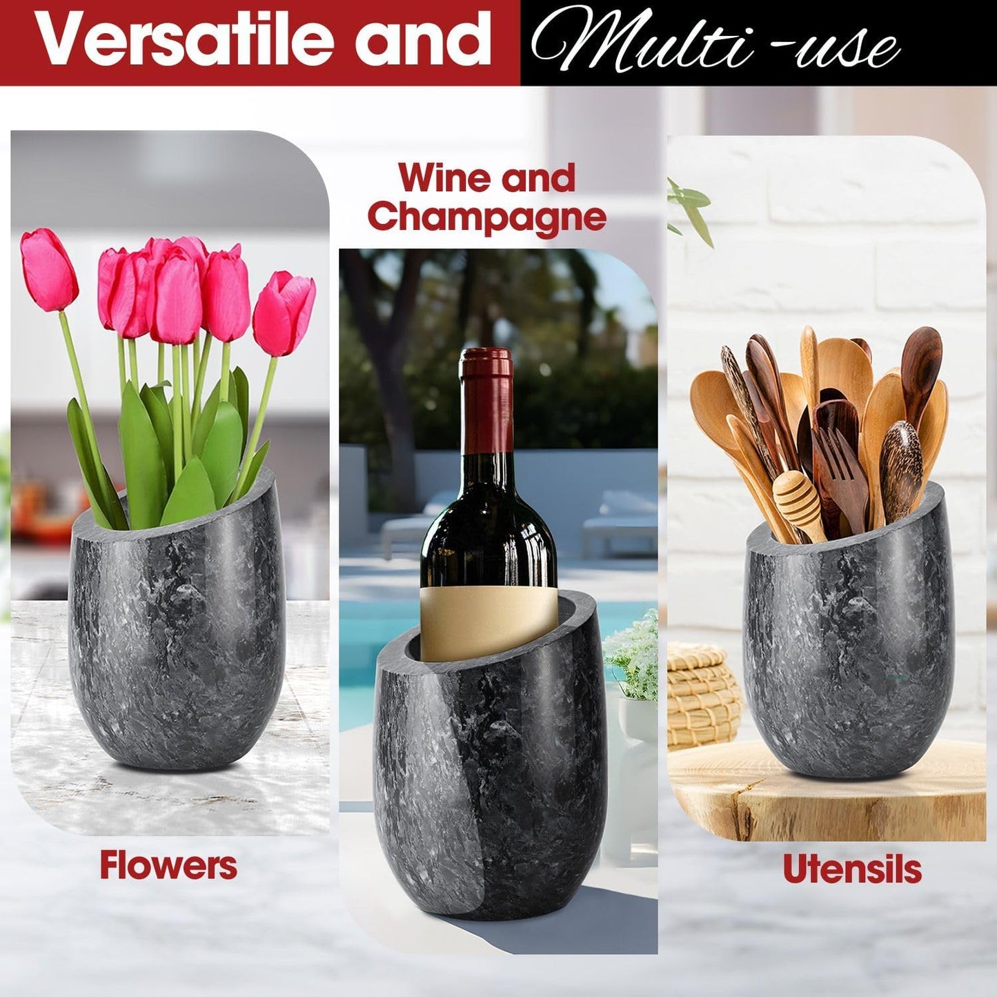 Flexzion Marble Wine Chiller Bucket – Black Wine Cooler & Champagne Bucket for Bar Cart Decor, Kitchen & Parties – Gifts for Men, Women & Enthusiasts – Fits 750ml Bottles