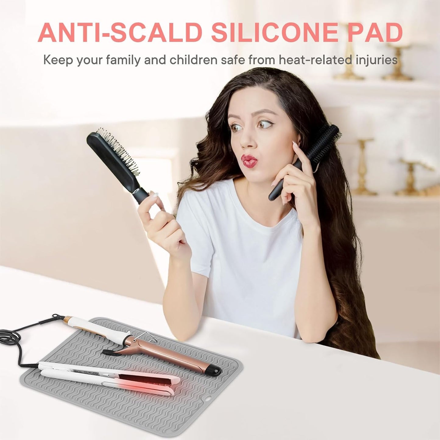 Oversize Silicone Heat Resistant Mat, Portable Travel Mat Cover with Velcro for Curling Irons, Flat Irons, Hair Straightener and Hot Hair Styling Tools(14.2" x 11")