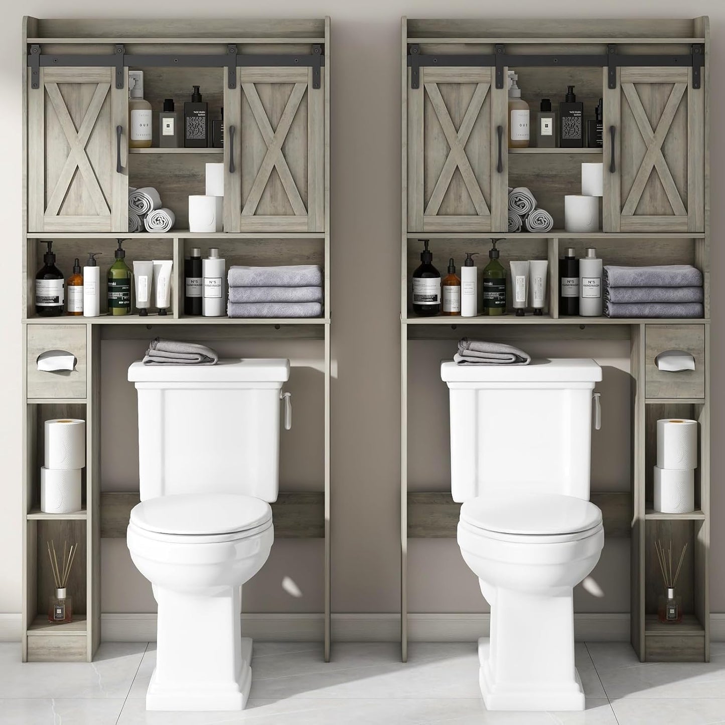 Vabches Over The Toilet Storage Cabinet, Farmhouse Storage Cabinet Over Toilet with Sliding Door& Toilet Paper Holder Stand，Home Space-Saving Toilet Rack, for Bathroom, Restroom, Laundry
