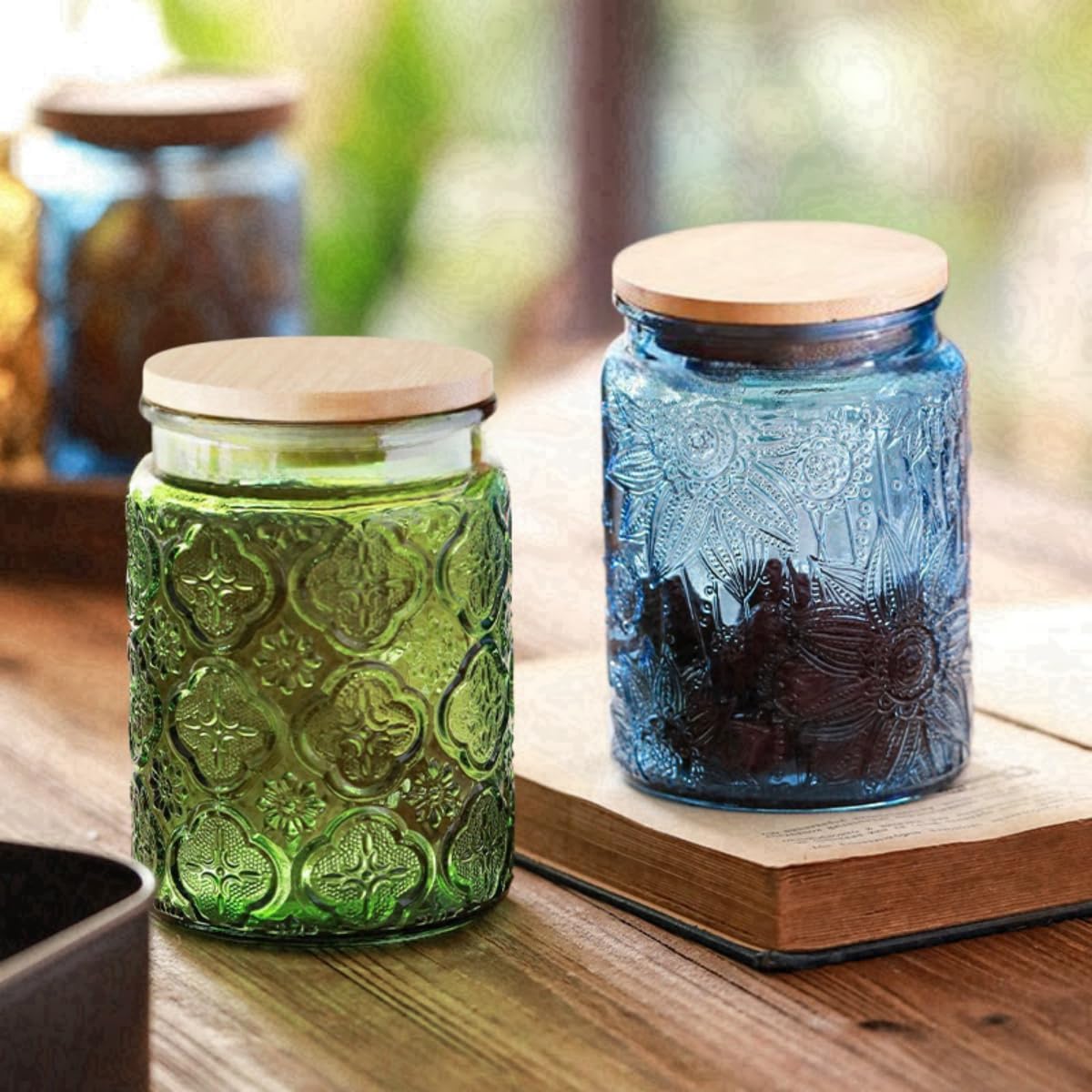 ANSQU Set of 2 Vintage Glass Canister, 23.7oz Candy Jars with Lids, Vintage Colored Mason Jar for Kitchen Decorative Jars for Coffee Tea Cookies, Cute Jar (Blue & Green)