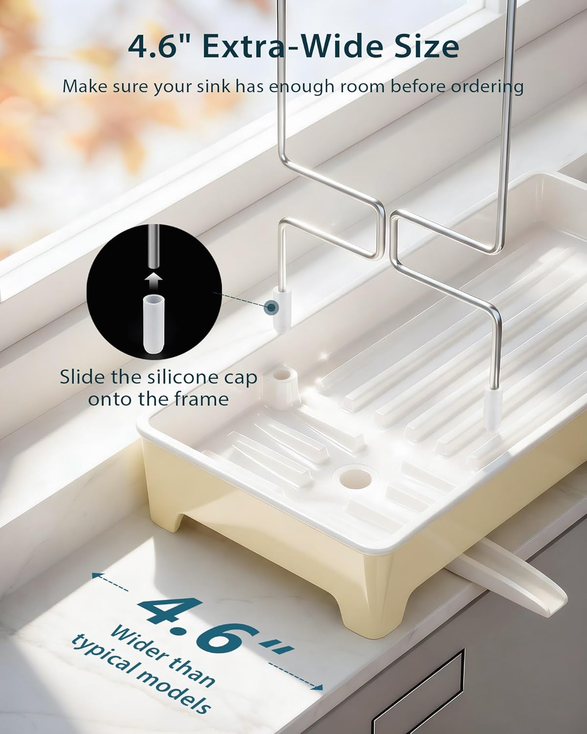 Ceramic-Look Sink Caddy, Rustproof Sponge Holder for Kitchen Sink with 304 Stainless-Steel Brush Holder, Countertop Rack Organizer with Raised Ridges & Silicone Drain Tube (Pastel Yellow)