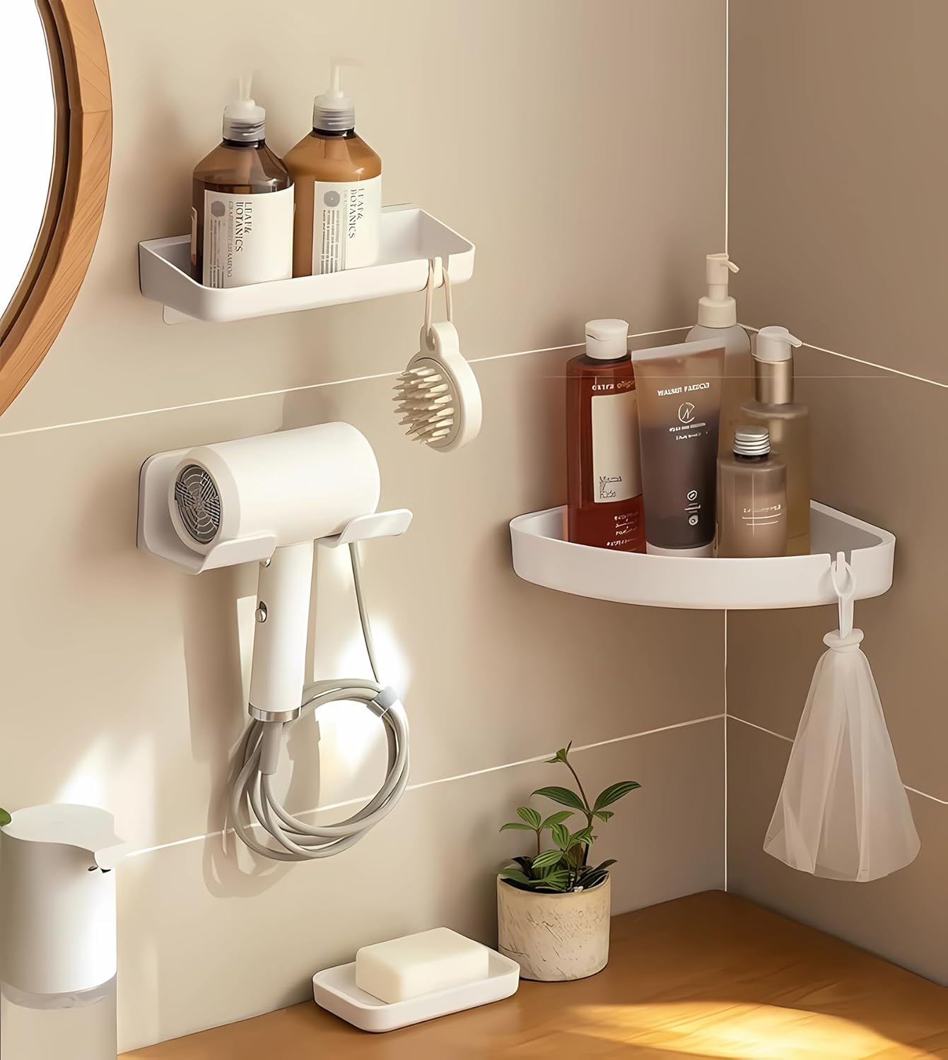 Universal Hair Dryer Holder, Blow Dryer Hanger Wall Mount for Hair Dryer Hook with Plug&Cord Organizer Self Adhesive for Cabinet Bathroom(1 Pack White)