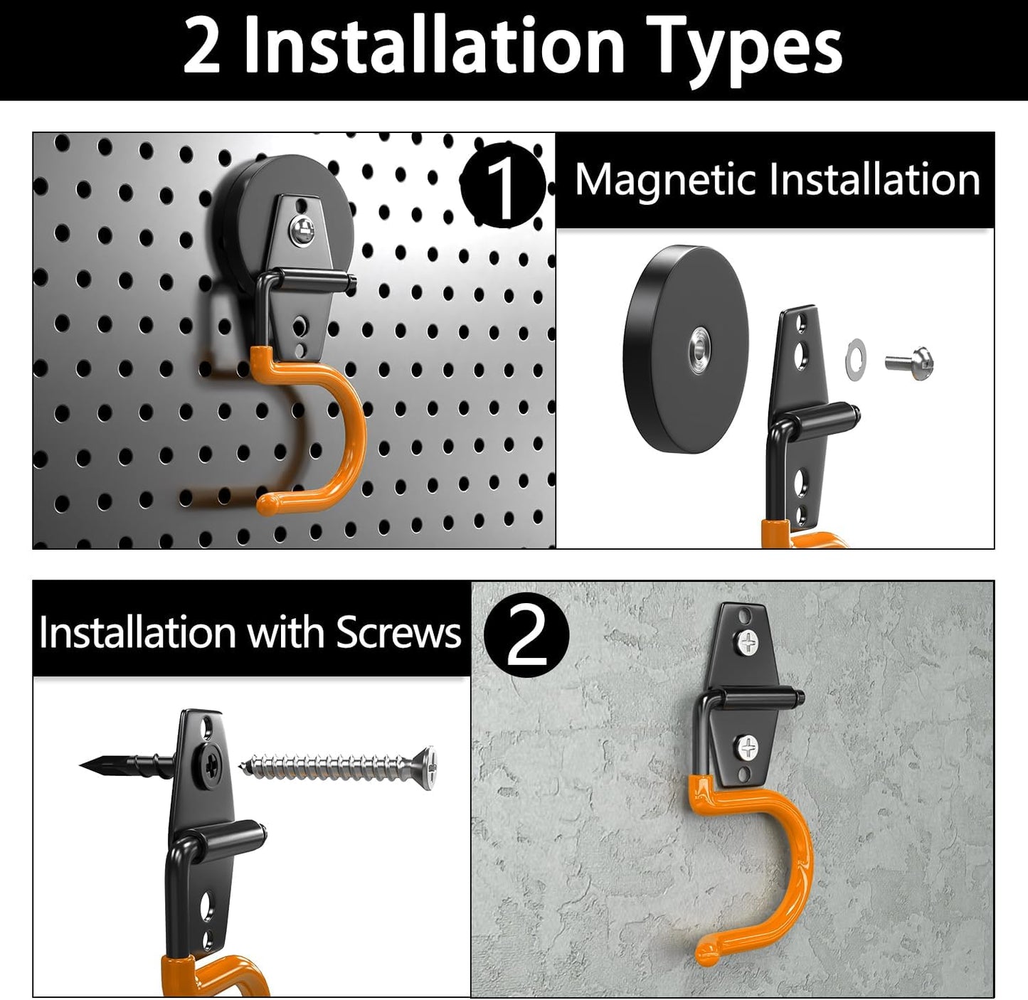 3-H Magnetic Mop Broom Holder and Mop Organizer 4 Pack, Heavy Duty Strong Utility Magnetic Tools Holde, Anti-Slip Strong Metal Garden Tool Rack for Garage, Laundry, Garden (Orange)
