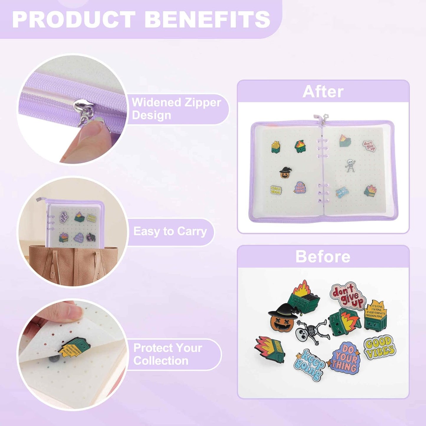 CAPASTEC Pin Bag, Portable Pin Display Book, Ideal for Pins, Brooches Storage, Purple White