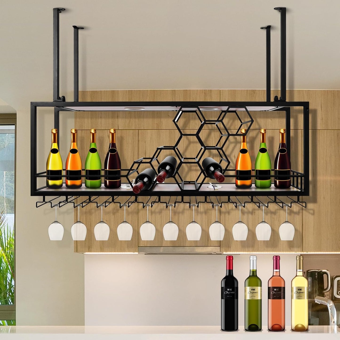 Metal Hanging Wine Rack, Metal Bar Liquor Bottle Display Shelf Wall Wine Storage Rack (120x30x40cm Black)