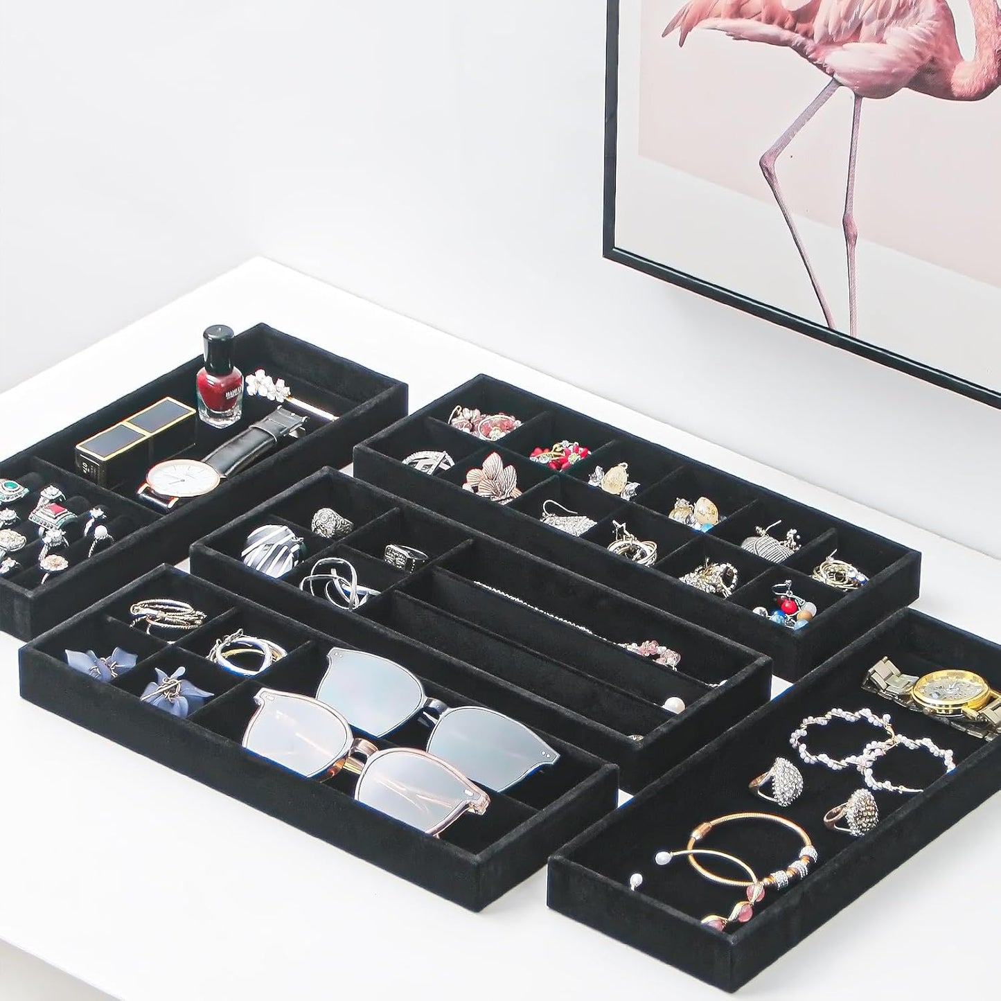 Divided Drawer Organizer - Velvet Jewelry Storage Tray for Necklace, Bracelet, Ring, Earring Display - Bedside Nightstand Desk Holder for Phone, Watch, Sunglasses, Cosmetics Storage - Black, 2 Grid
