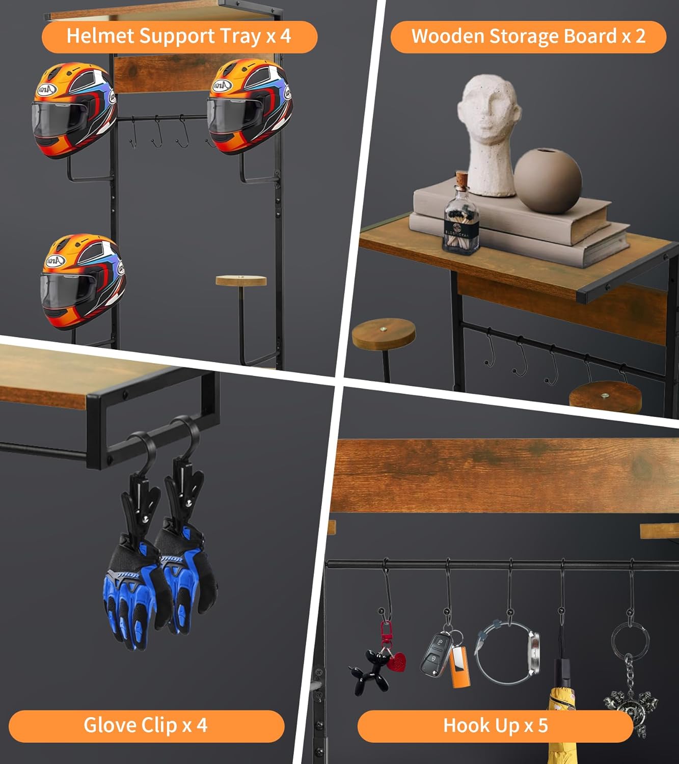 Motorcycle Helmet Rack Wall Mount, Retro Rust Helmet Holder with Wood Floating Shelf and Hooks for Storage