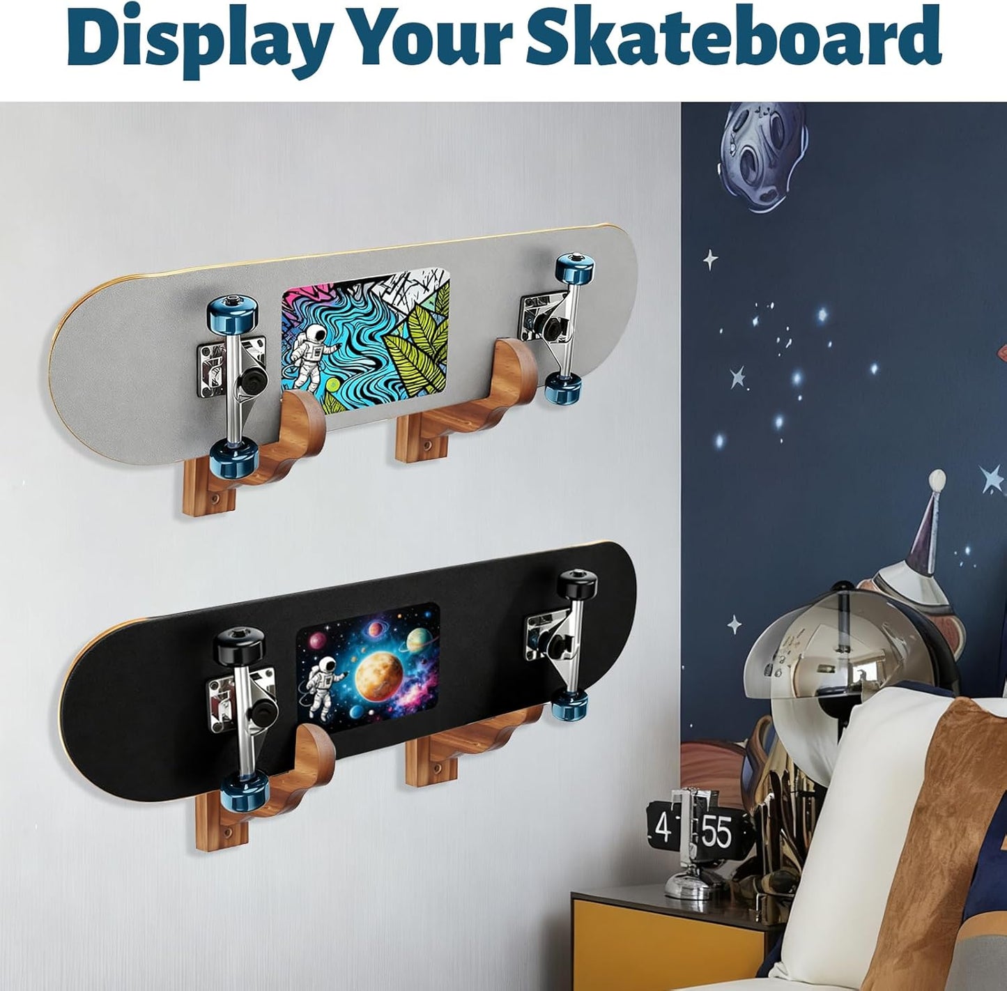 Skateboard Wall Mount, Wooden Horizontal Skateboard Rack Wall Hanger Display and Storage