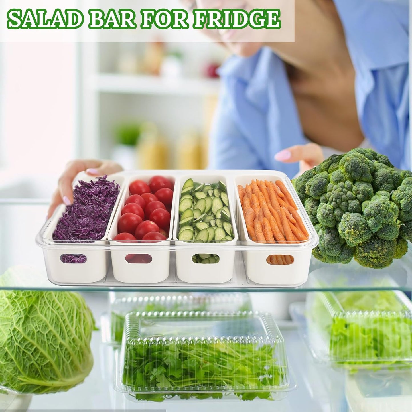 Salad Bar Containers for Fridge with Lid and Handle, Fruit Storage Containers with 4 Removable Colanders, Berry Box Fresh Produce Saver for Fruit, Veggie, Refrigerator, Kitchen, Picnic, 2 Pack