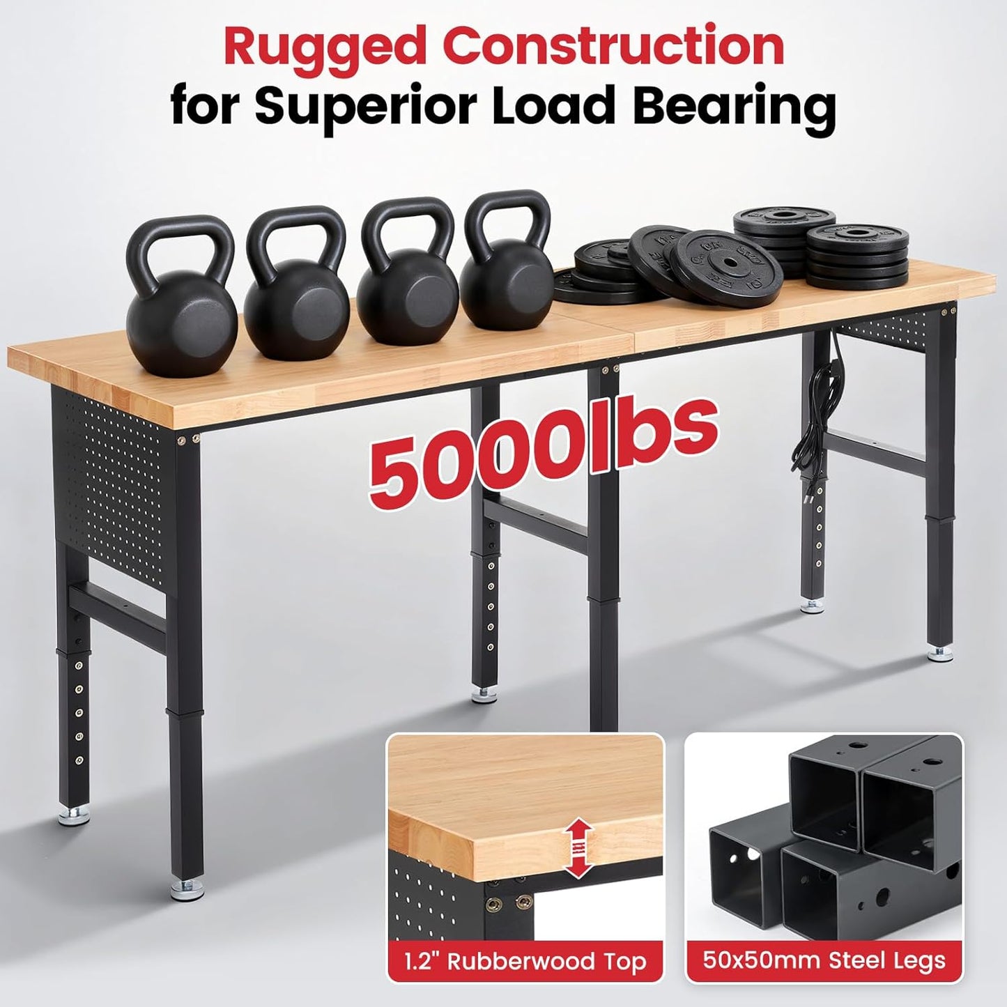 Workbench 84 Inch Heavy Duty Rubber Wood Top Work Bench Adjustable Height Work Table 5000 Lbs Load Capacity with Power Outlets & Extended Pegboard for Garage, Home, Office