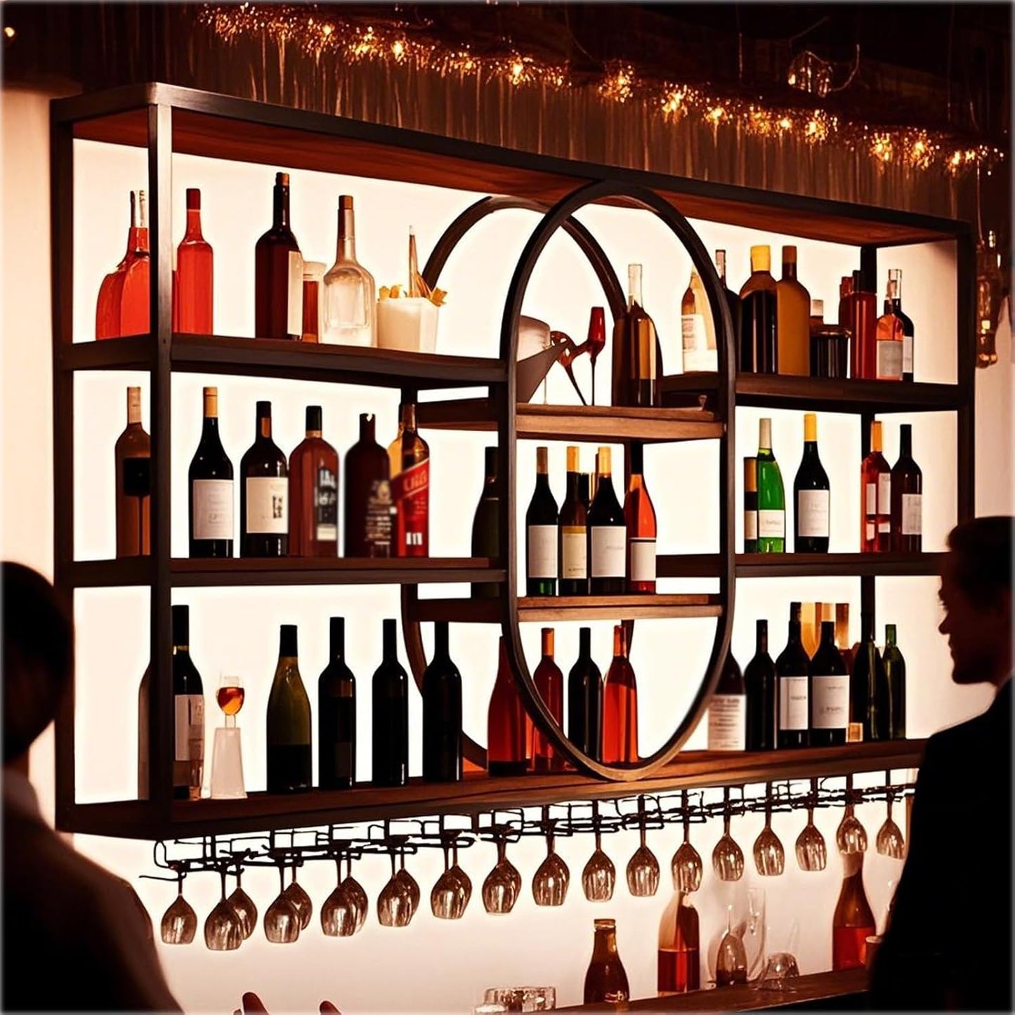 Large Wall Mount Wine Rack, Metal 4 Tier Large Capacity Hanging Bar Rack with Wine Glass Holder, Oval Wine Bottle Storage Display Rack for Kitchen, Living Room, Home (Black, 140cm/55.1in)
