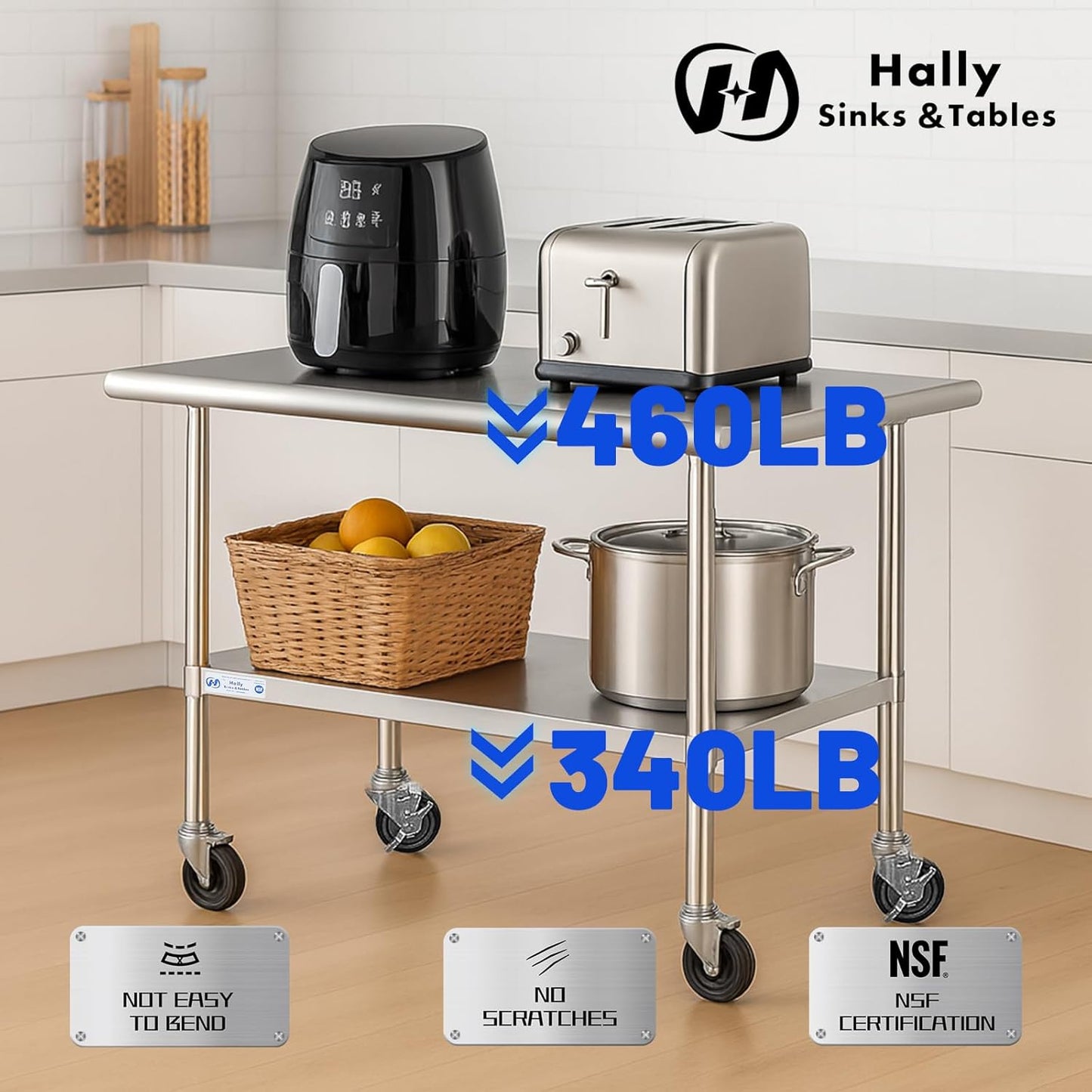 Hally Stainless Steel Table for Prep & Work 24 x 48 Inches with Caster Wheels, NSF Commercial Heavy Duty Table with Undershelf and Galvanized Legs for Restaurant, Home and Hotel