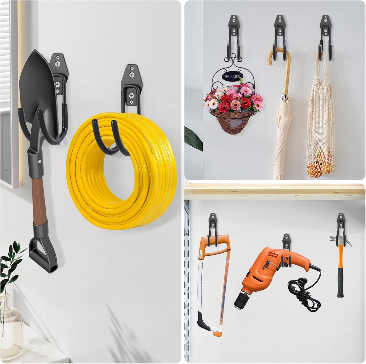 Garage Hanging Hooks Wall Mount, Garage Tool Storage Hooks, Wall Hangers for Hose, Tools, Garden Equipment, Ladder, Bikes, Broom and mop, Black