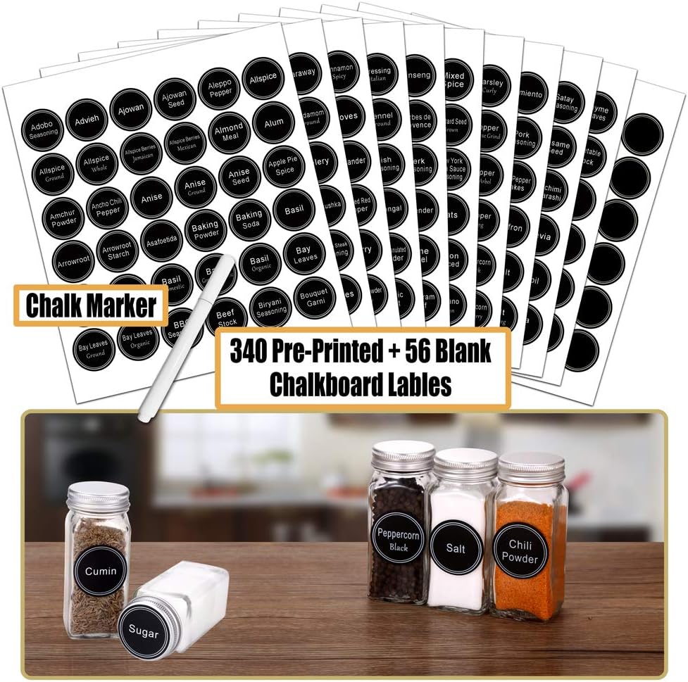 SWOMMOLY 30 Glass Spice Jars 4oz/Square Spice Bottles with 703 Spice Labels, Empty Spice Containers with Pour/sift Shaker Lid, Airtight Cap, Chalk Marker and Funnel Complete Set