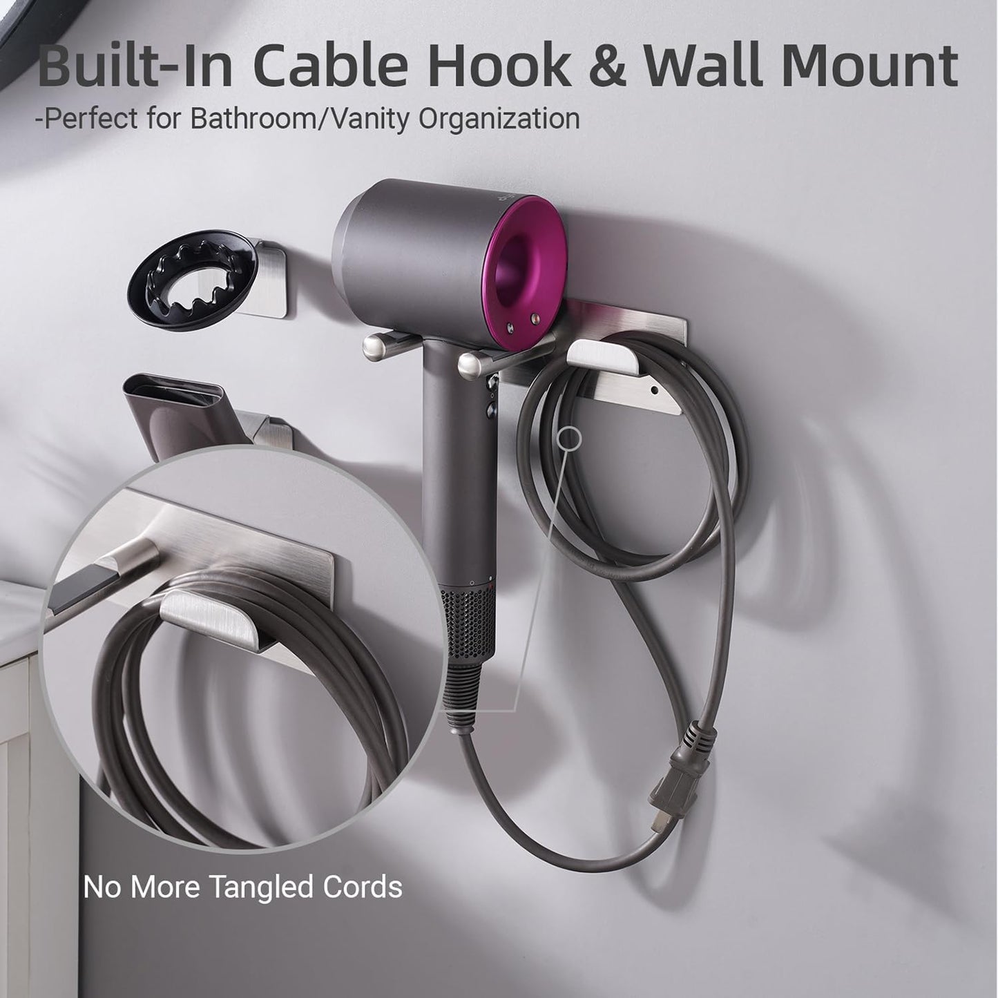 Hair Dryer Holder, Hair Dryer Holder Wall Mount for Supersonic/Nural & Attachments. Stainless Steel Hair Dryer Stand with Magnetic Rings. Hair Tool Organizer for Bathrooms Silver BANJEKT
