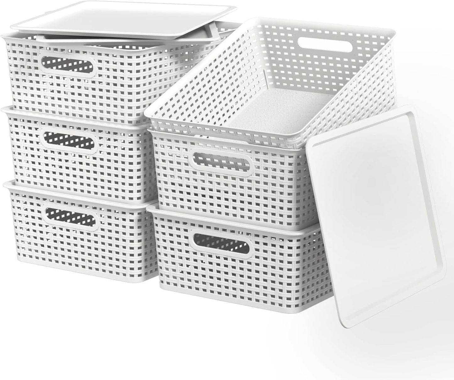 Wekioger Plastic Woven Baskets with Lids, Large White Storage Basket, Set of 6