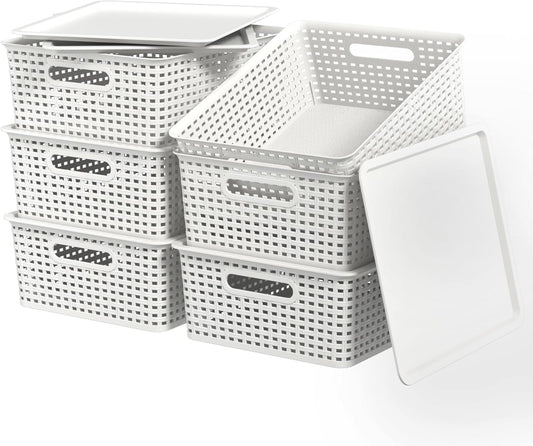 Wekioger Plastic Woven Baskets with Lids, Large White Storage Basket, Set of 6