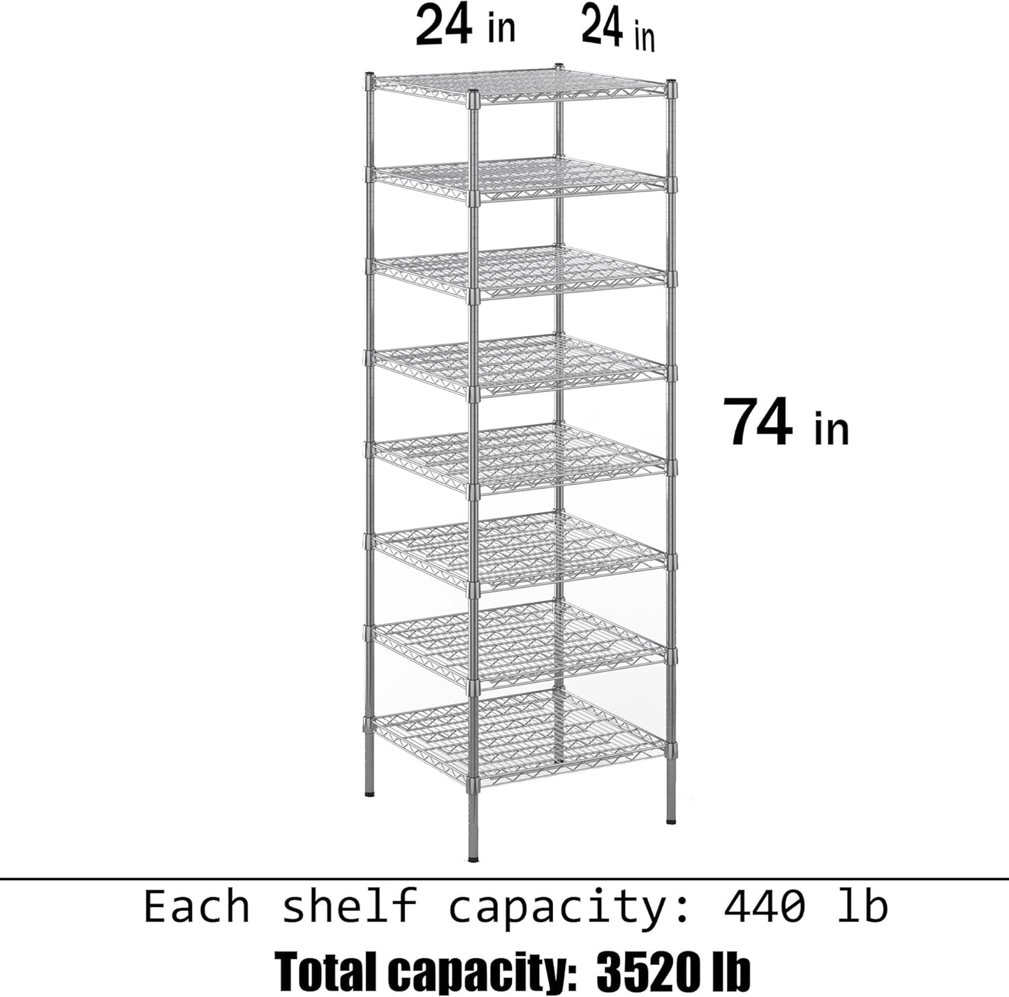 24" Deep x 24" Wide x 74" Height Wire Shelving Kit | 8-Tier | NSF Commercial Storage Rack Unit