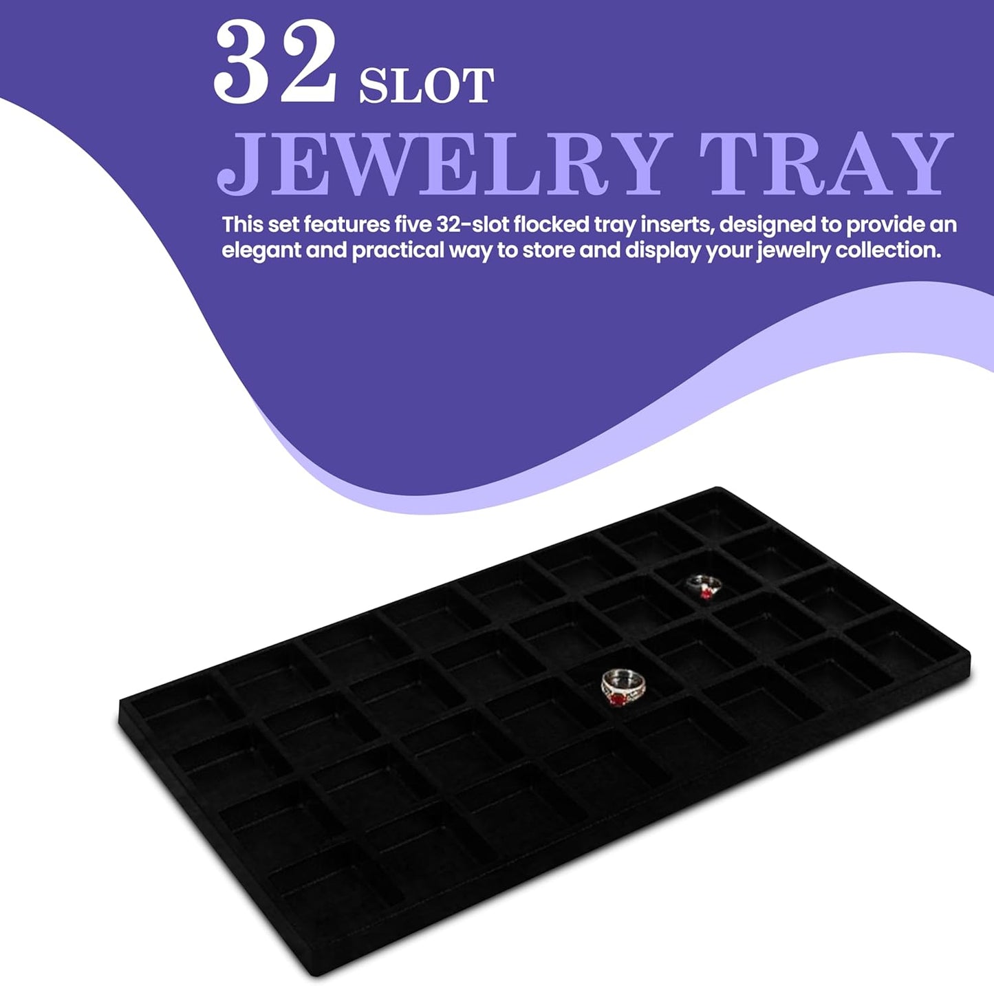 Novel Box 5 Pack 32-Slot Black Liner Jewelry Storage Tray Inserts 14.75x8.25x1 Inches - Jewelry Organizer Pad for Drawers & Store Displays - Jewelry Display Pads for Rings Earrings & Pendants