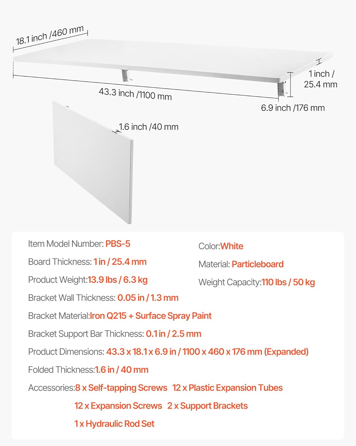 VEVOR Wall Mounted Folding Table, 43.3 x 18 inches Wall Mount Table, Floating Desk with Iron Bracket, Fold Down Desk for Small Spaces, Home Office, Dining, Laundry Room, Kitchen, Bar, White