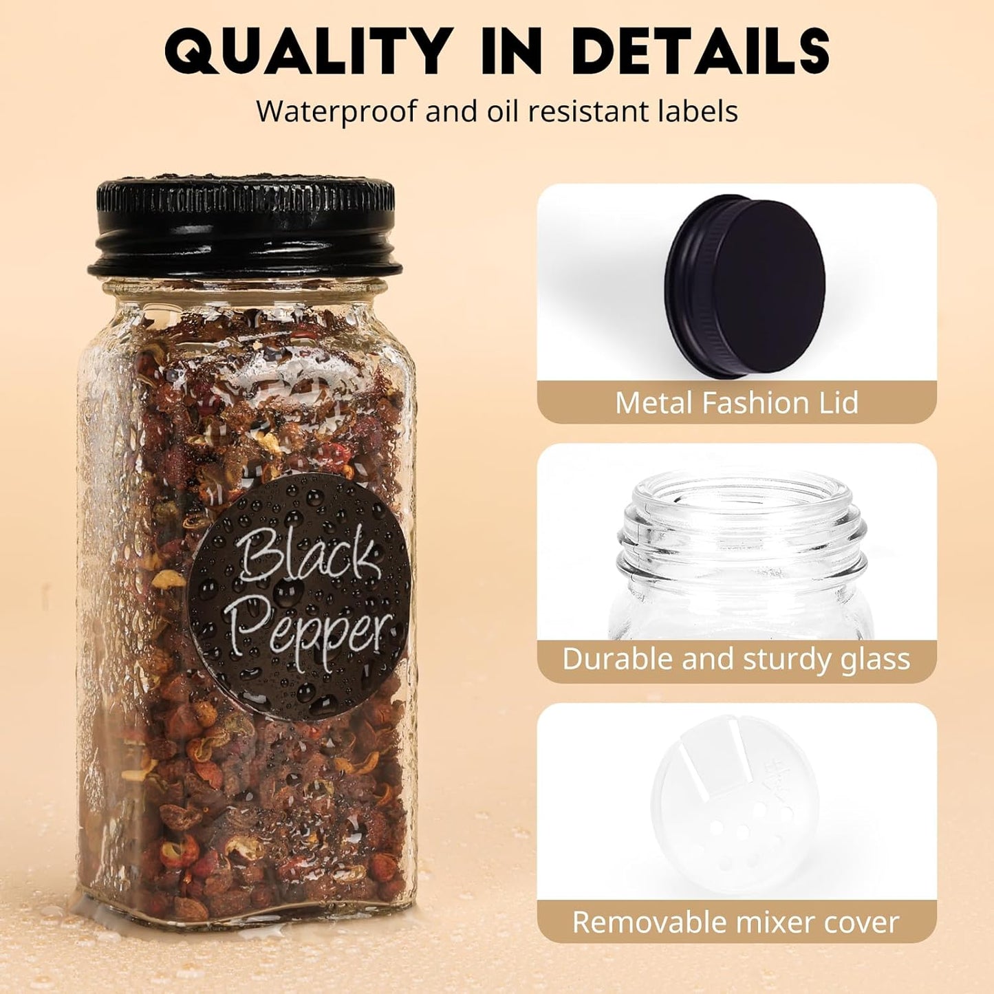 24Pcs Spice Jars with Label, 4oz Empty Square Seasoning Containers, Spice Jars with Shaker Lids, Small Spice Bottles for Salt, Herbs, Sugar, Pepper, Seasoning Jars for Spice Rack, Cabinet, or Drawer