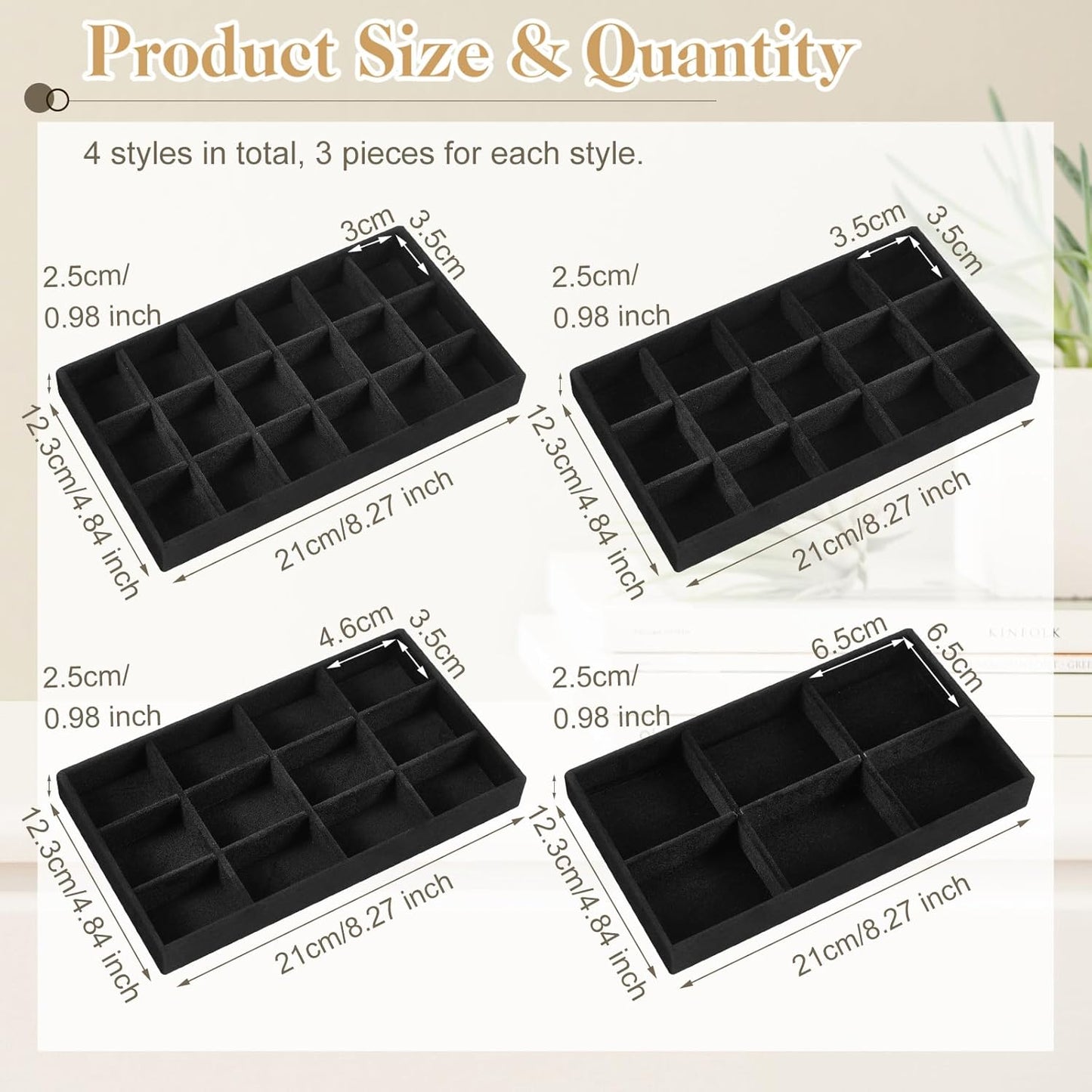 Junkin 12 Pcs Jewelry Tray Velvet Stackable Jewelry Organizer Trays Divided Earring Accessories Storage Containers Box (Rose Red)