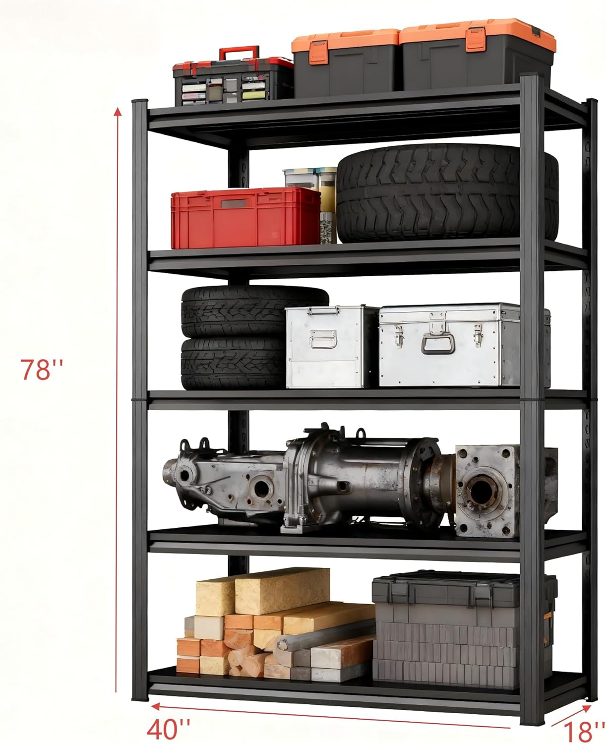 Metal Garage Shelving Unit ,5-Tier Garage Storage Shelves Heavy Duty 40''W*18''D*78''H，Adjustable 3020 lbs Shelf, Upgraded Reinforced Double-Layer Columns for Basement Kitchen Laundry room Pantry Rack