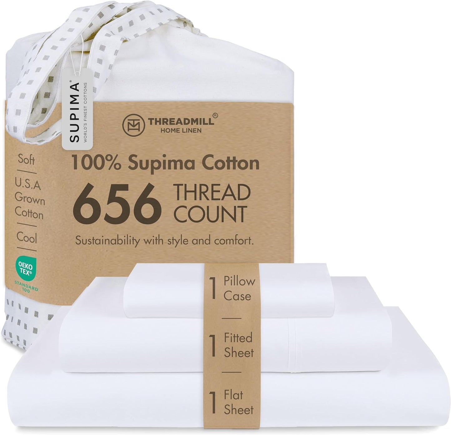 Threadmill Supima Sheet Set | 656 Thread Count Sheets for Twin Mattress | Solid Sateen Bed Sheets Set with 16” Deep Pocket | Soft Breathable 3-Piece Cooling Sheet Set | White Sheets