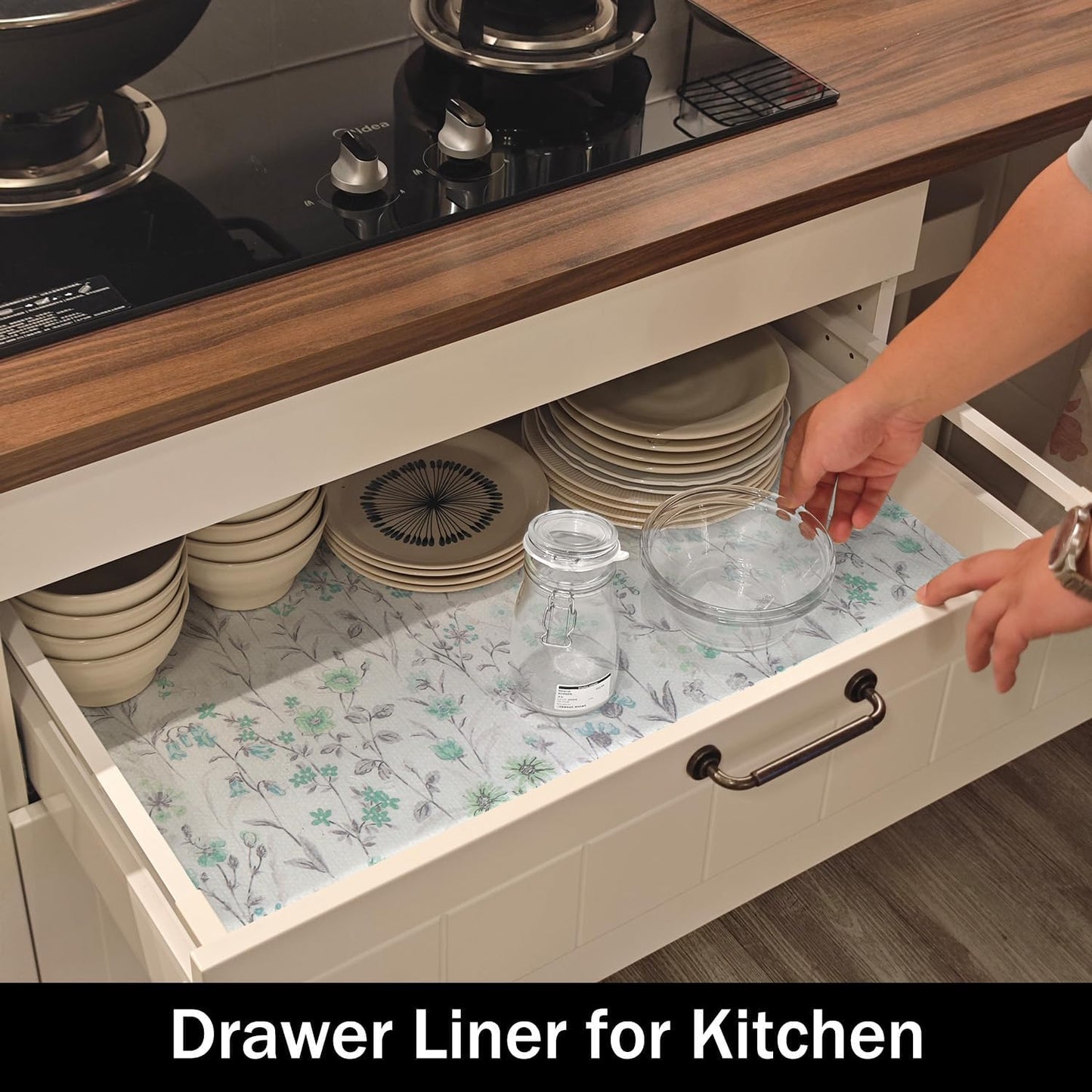Blue and Green Floral Shelf Liners Non Adhesive and 12IN x 20FT Strong Non-Slip Shelf and Drawer Liners for Kitchen Cabinet Wire Fridge, Waterproof Shelf Drawer Liner,Easy to Clean