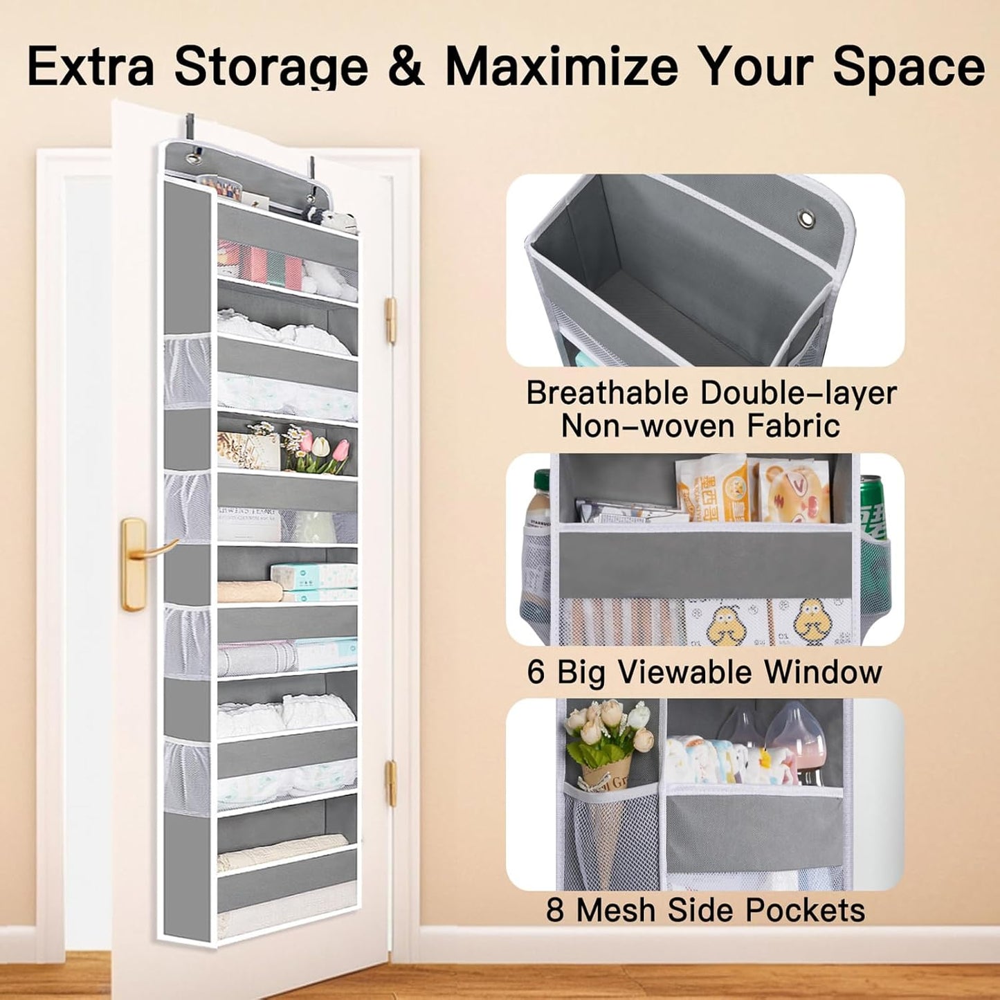 WishJazz Over The Door Organizer 6 Tiers, 50 lbs Tear Resistant Anti-Tilt Behind Door Storage, Door Hanging Organizer for Closet, Nursery, Bedroom, Bathroom, Diaper Organizer, Room storage