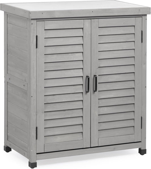 Outdoor Potting Bench with Storage Cabinet and Metal Top, Wood Workstation for Outdoor Patio, Garden (Light Grey, 31x17x36‘’)