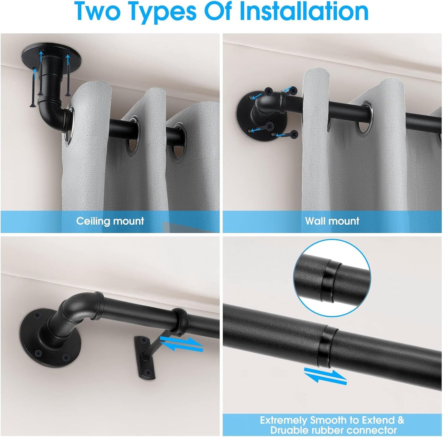 Industrial Curtain Rod, Curtain Rods for Windows 36 to 72 Inch, Rustic Wrap Around Curtain Rod, Fits Blackout Curtain, Indoor and Outdoor, Size: 30-72 Inch