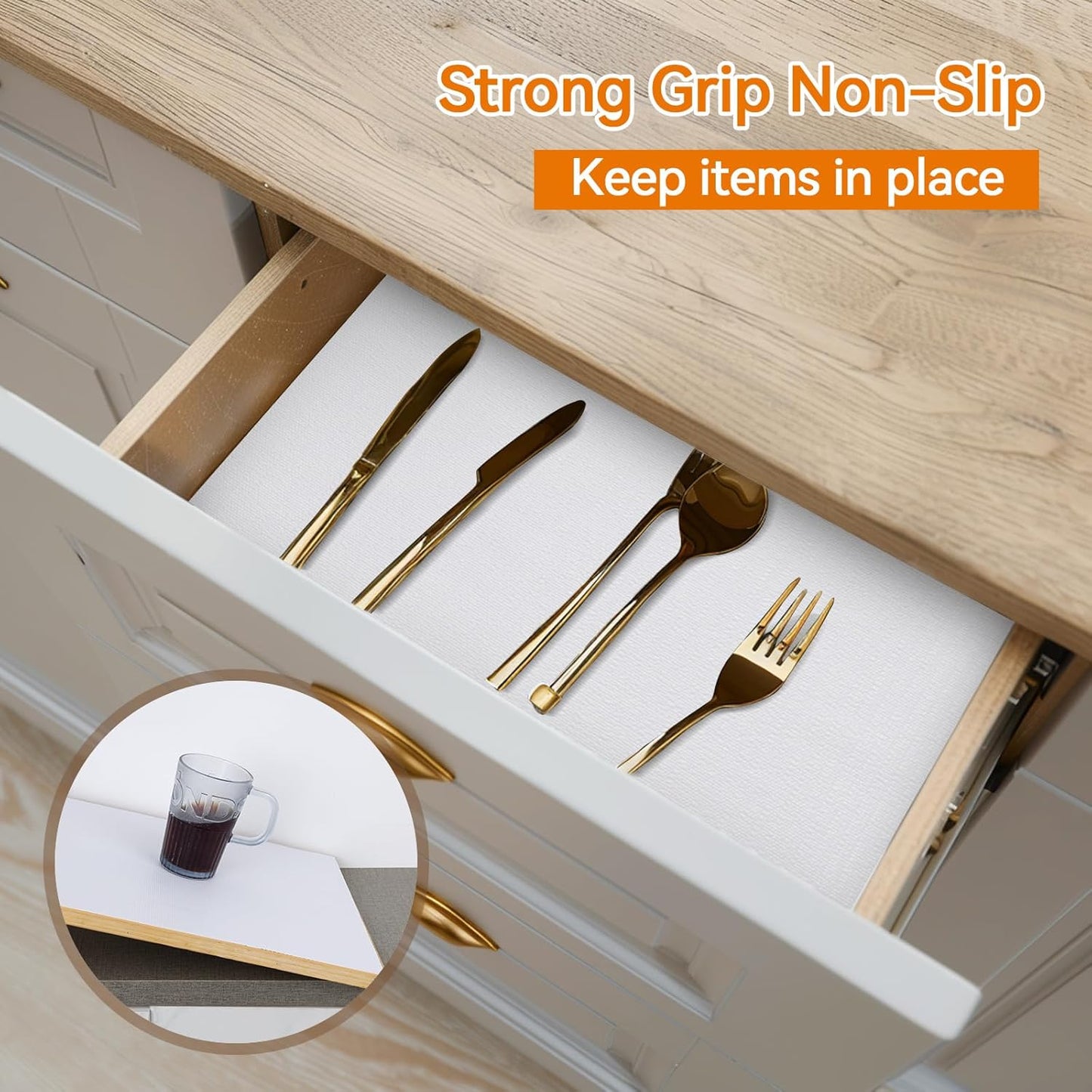Shelf and Drawer Liner for Kitchen Cabinets Non-Adhesive, Strong Grip Non-Slip Thickened Cabinet Liners for Shelves, Waterproof Mats for Dresser Cupboard, White, 17 in x 20 Feet