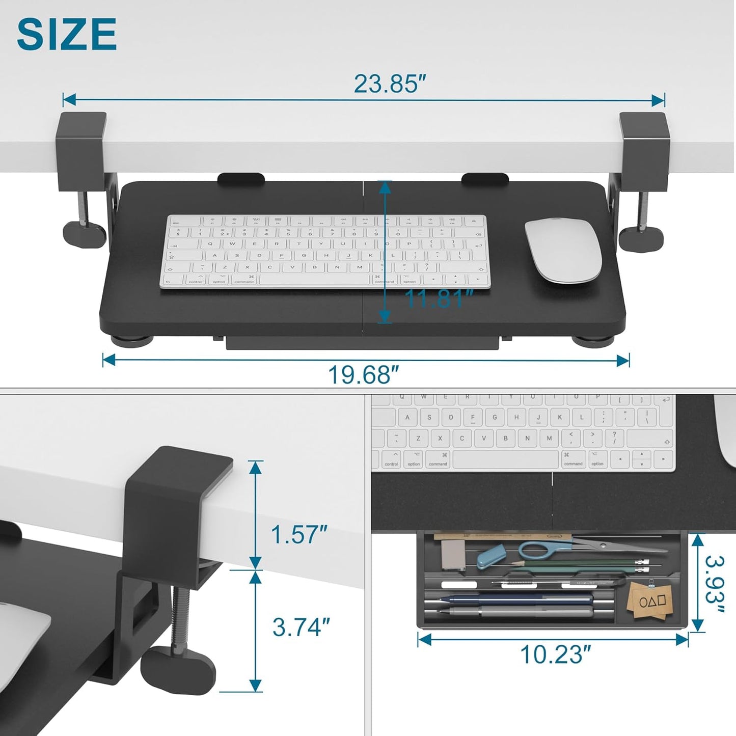 ETHU Keyboard Tray Under Desk, 19.7" X 11.81" Small Size Keyboard Drawer with C Clamp-on Mount Easy to Install, Computer Keyboard Stand Slide Pull Out, Ergonomic Keyboard Tray for Home & Office, Black