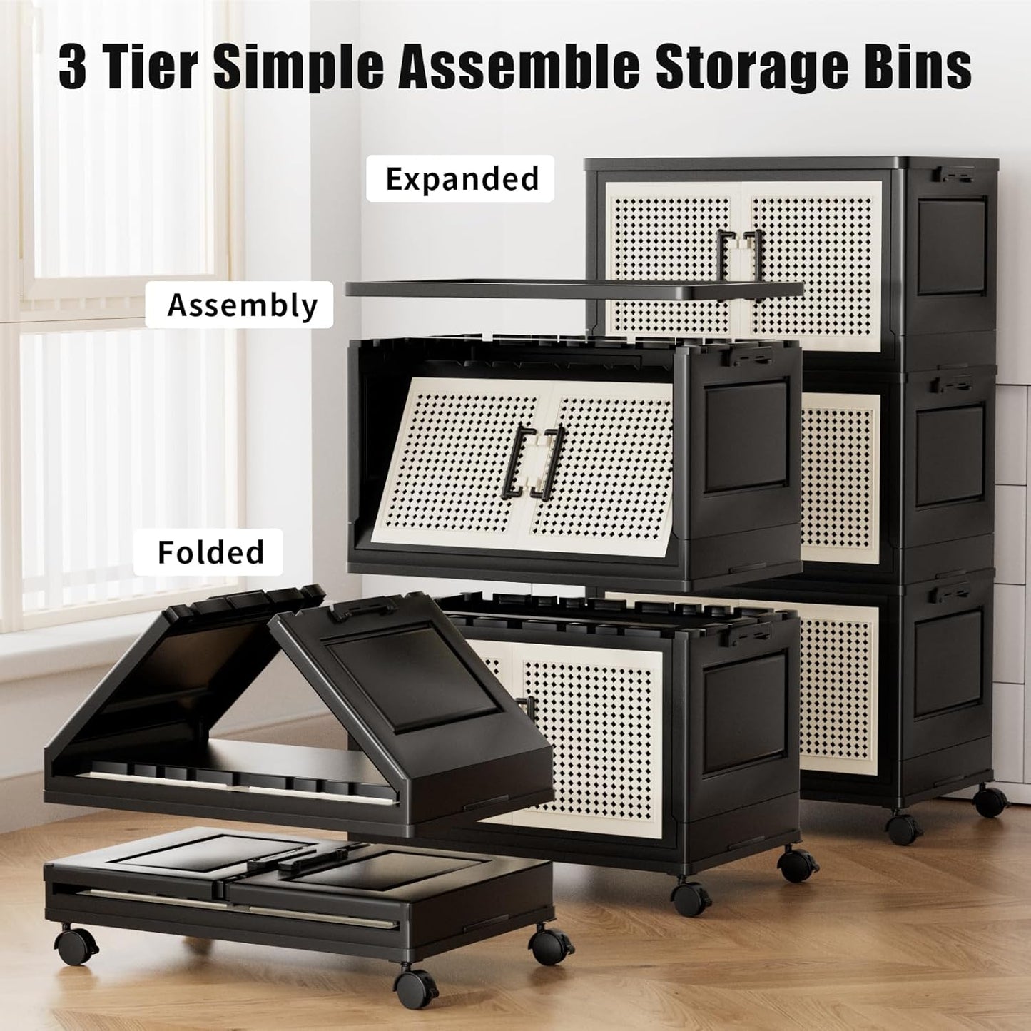 Stackable Storage Bins with Lids,Collapsible Plastic Storage Box Closet Organizers and Storage with Wheels and Magnetic Door for Home Office Dorm (3 Pack)