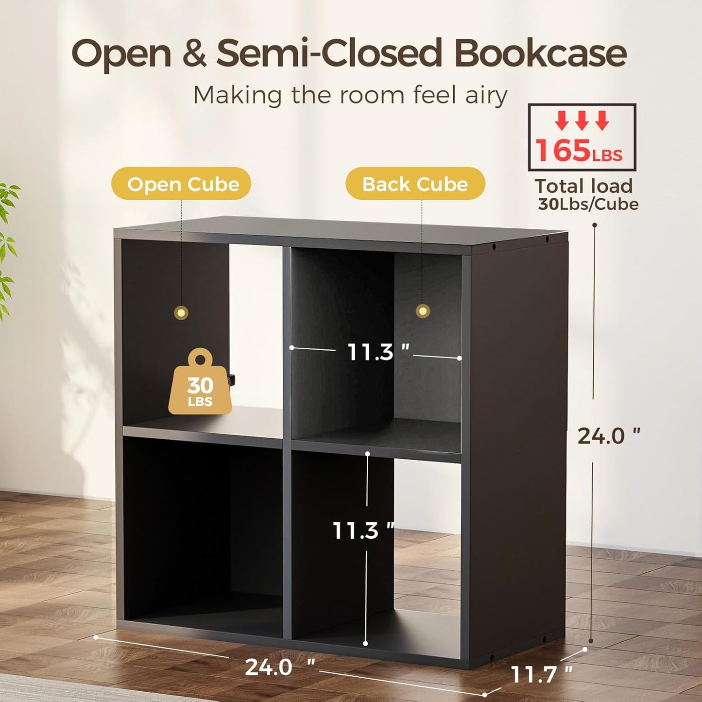COMHOMA 4 Wood Cube Storage Organizer with Open Back and Removable Back Panels, 11In Black Cube Storage Bookshelf, Cubicle Shelf Bookcase for Home Office Bedroom Living Room, Vertical or Horizontal