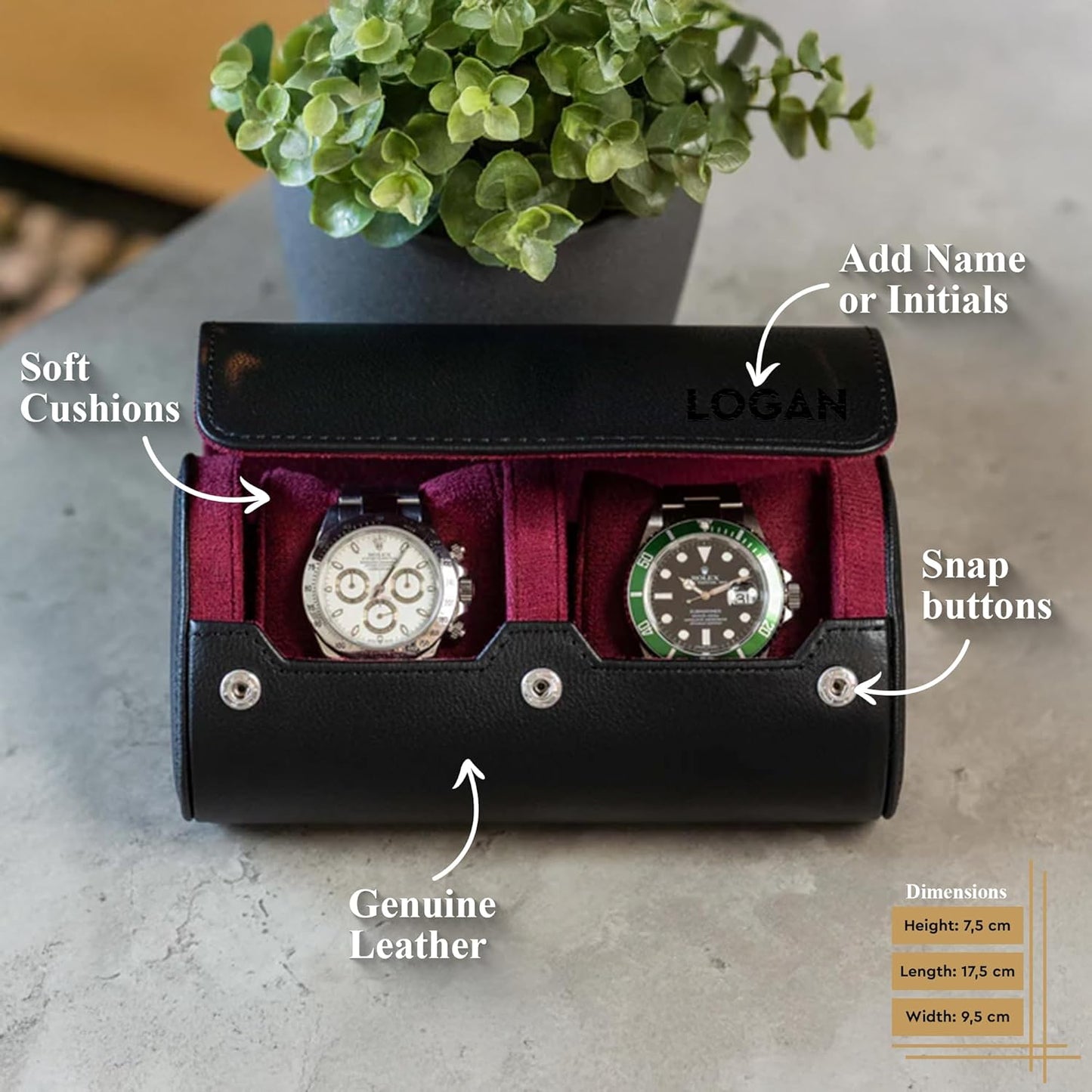 DailyWatch | Personalized Watch Roll Travel Case For 2 Watches - Handmade Genuine Leather Travel Case With Custom Engraving of Name or Initials - Black Cherry