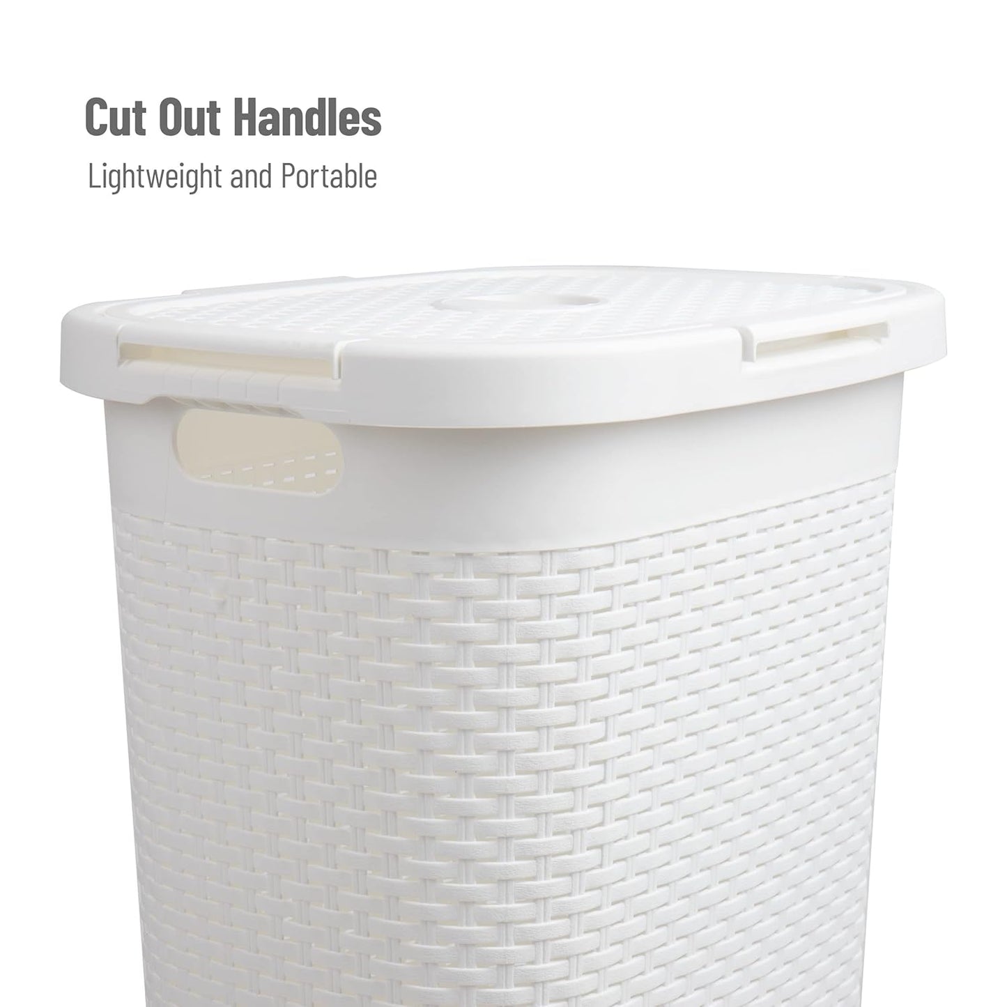 Mind Reader Slim Laundry Hamper with Lid, 60L Clothes Basket, Premium Wicker Design, Plastic, White