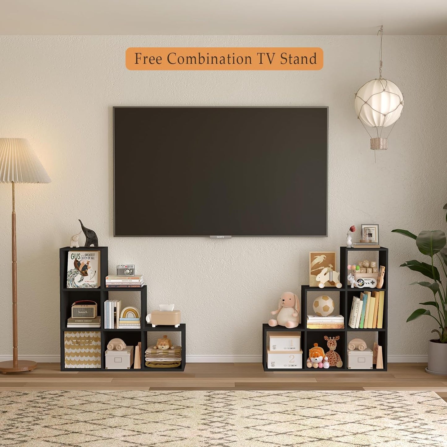 Ladder Cube Storage Bookcase - Wooden L-Shaped 3-Tier Corner Shelf, Reversible 6-Cube Organizer for Home & Office, Black
