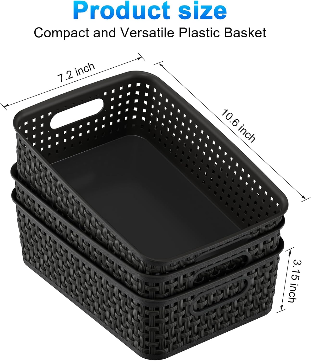 Black Plastic Basket, 8 Pack Home Organization and Storage Baskets with Handles, Space Saving Woven Organizer Bins Plastic Storage Basket for Organizing Cabinets,Closets, Shelves, Countertops