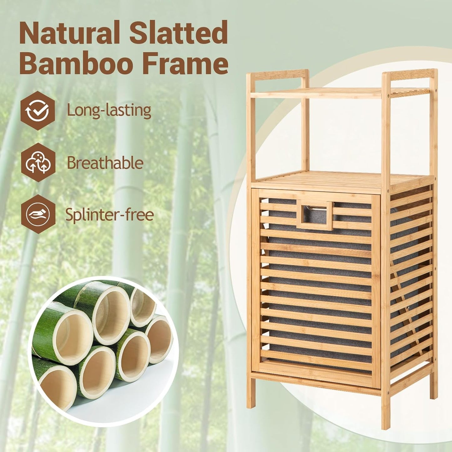 GOFLAME Tilt-out Laundry Hamper with 2-Tier Shelves, Bamboo Laundry Baskets Organizer with Removable & Foldable Fabric Liner, Bathroom Storage Shelf Cabinet for Laundry Room, Bedroom
