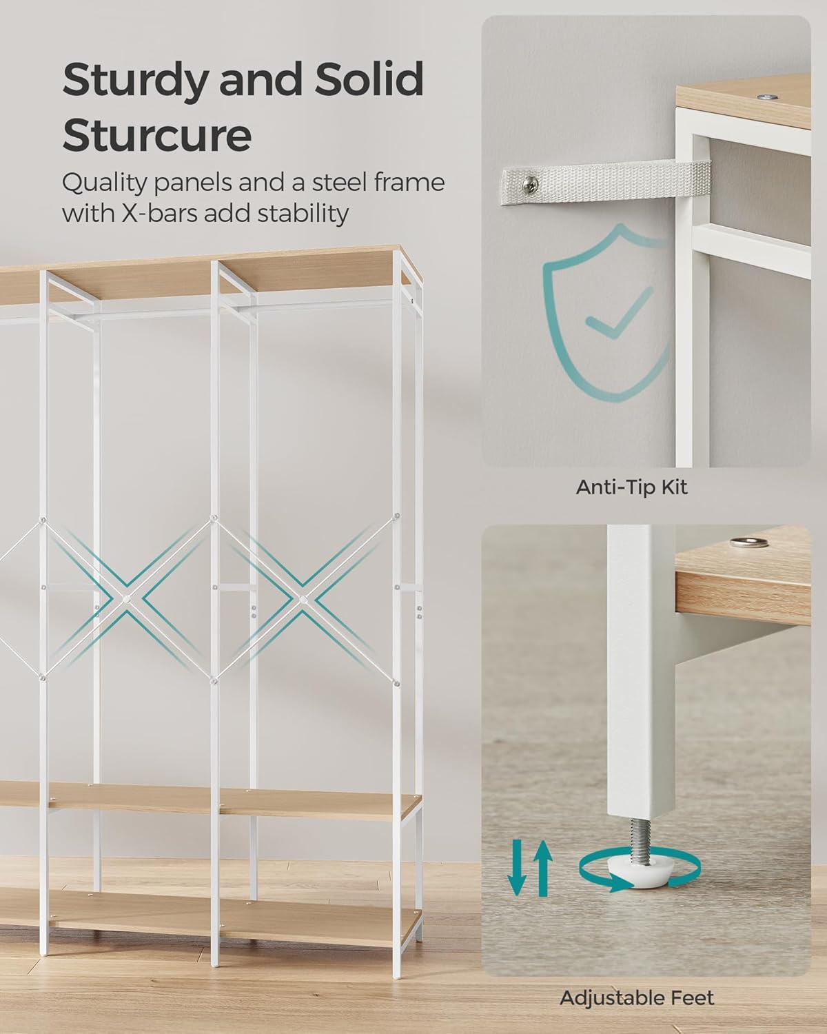 SONGMICS Clothes Rack, Iron and Wood Wardrobe Closet Organizer, Heavy Duty Garment Rack with Hanging Rods, Closet Shelves, Removable Hooks, 15.7 x 55.5 x 70.9 Inches, Natural Beige URGR005W67