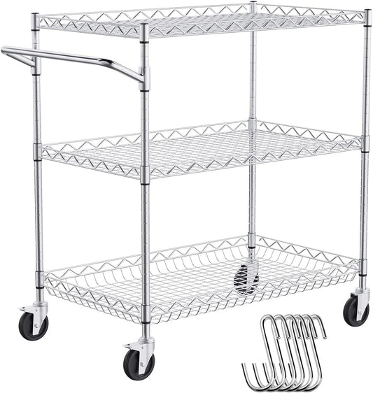 VEVOR Kitchen Utility Cart, 3 Tiers, Wire Rolling Table with 661 LBS Capacity, Steel Service Desk on Wheels, Metal Storage Trolley with 80 mm Deep Basket Curved Handle 6 Hooks