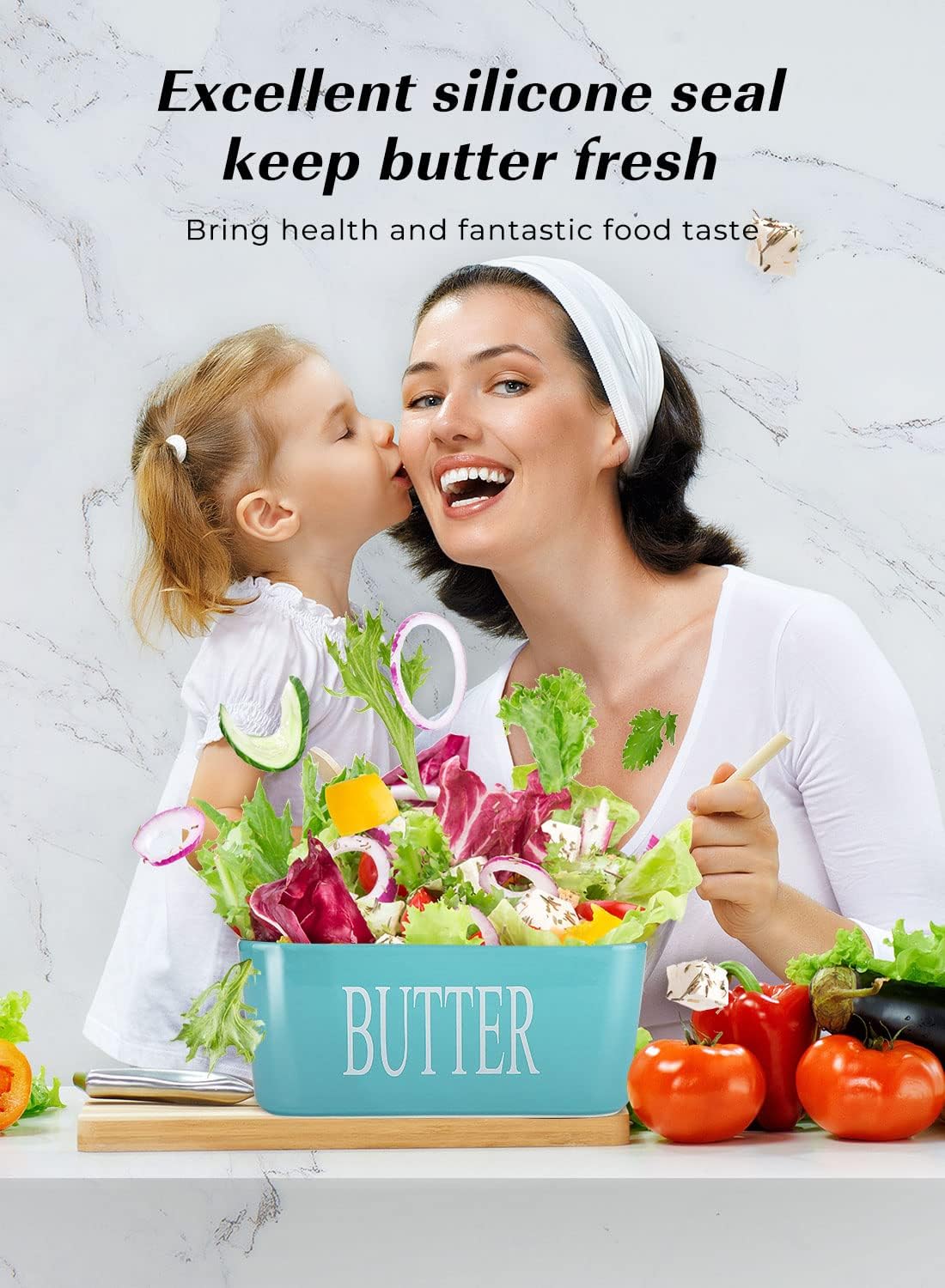 Butter Dish with Lid: Large Butter Container for Countertop - Ceramic Butter Holder for Counter - Butter Tray Butter Keeper with Knife and Sponge Scrubber - Perfect for 2 Sticks of Butter Green