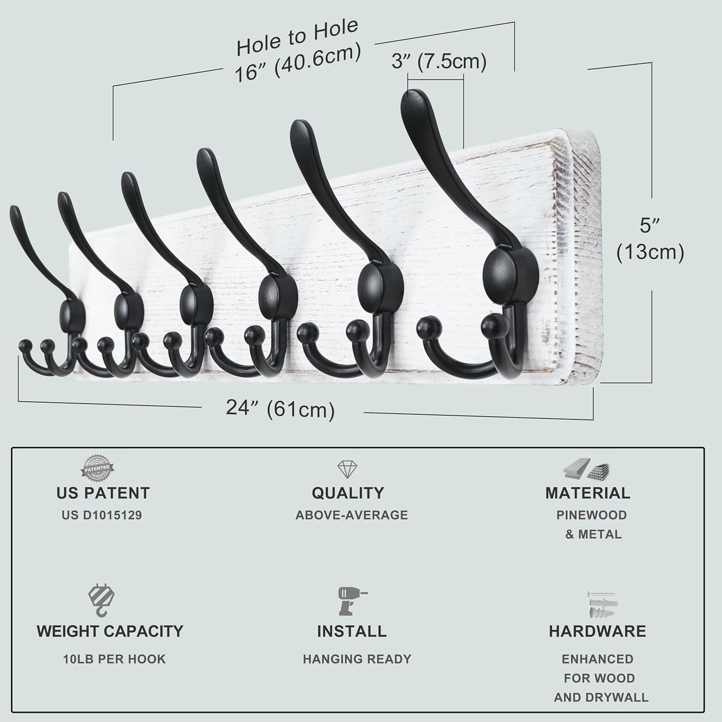 Dseap Coat Rack Wall Mounted - 24" Long 6 Tri Hooks, Heavy Duty Wooden Wall Coat Hanger Coat Hook for Clothes Hat Jacket Clothing, White and Black